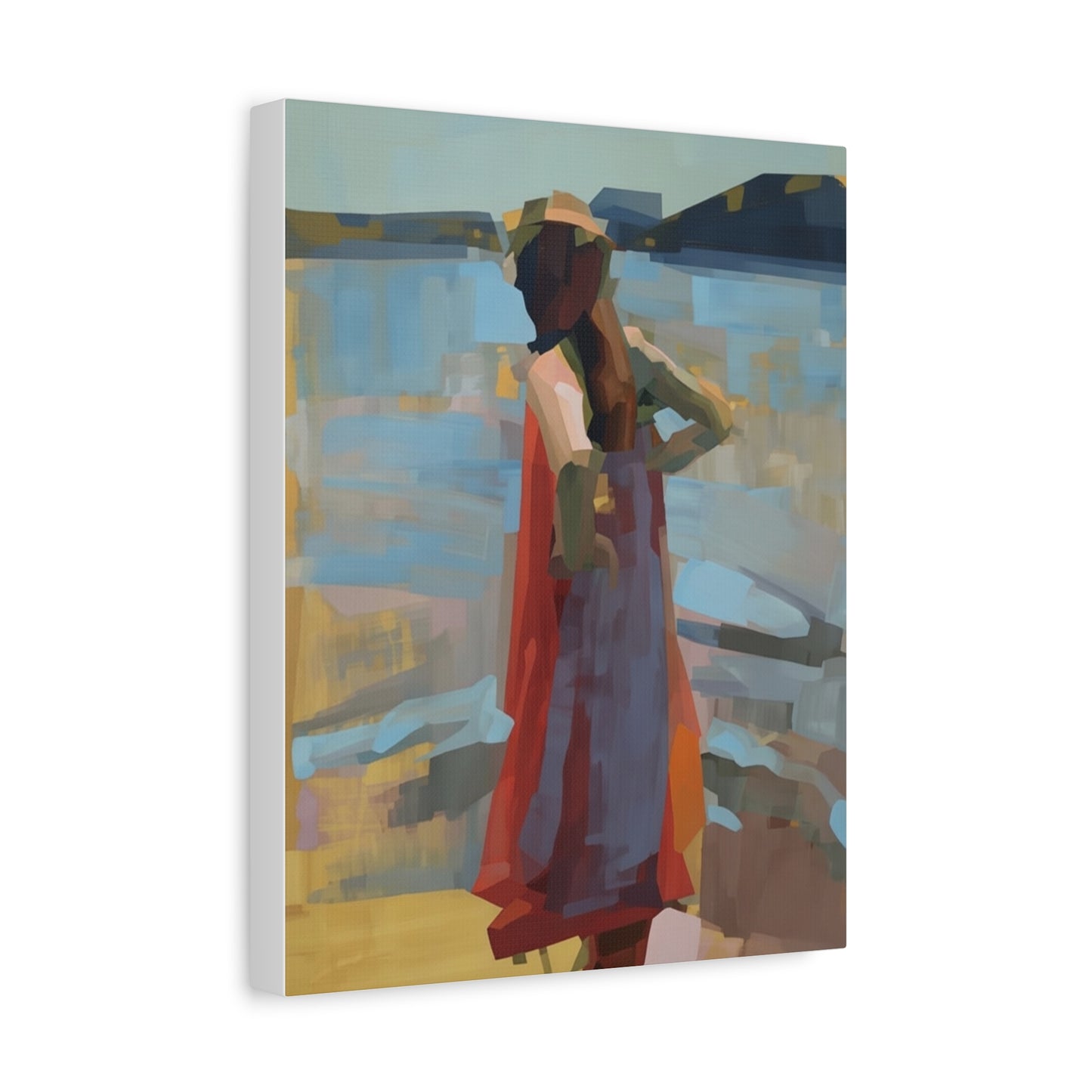 Coastal Stroll Matte Canvas Print — Abstract Woman in Red Dress, Stretched 1.25"