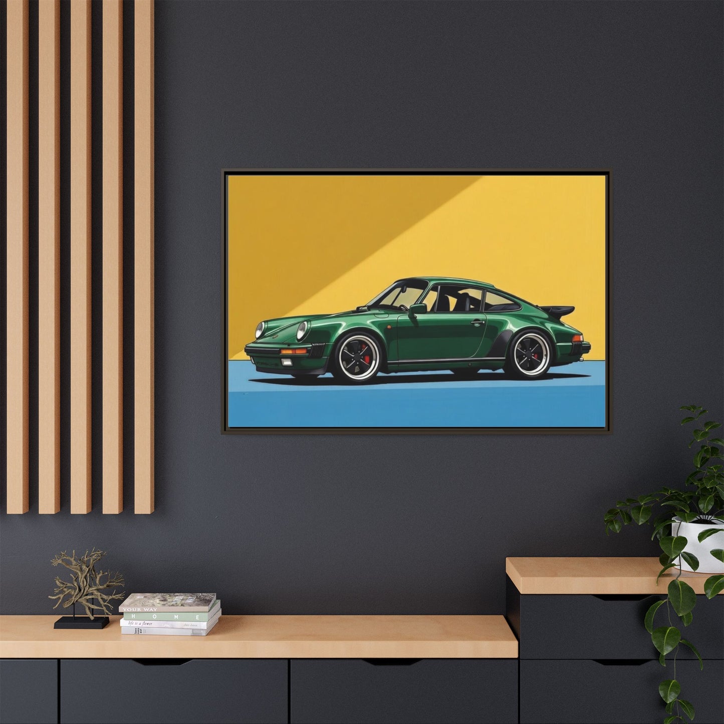 Framed Matte Canvas — Green Sports Car Wall Art