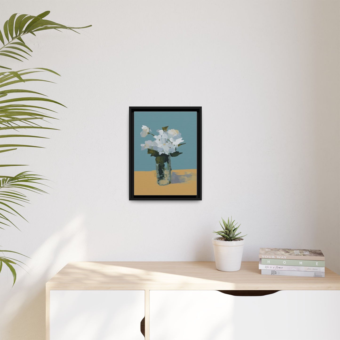 Framed Floral Still Life Canvas Art — Modern White Bouquet Wall Art