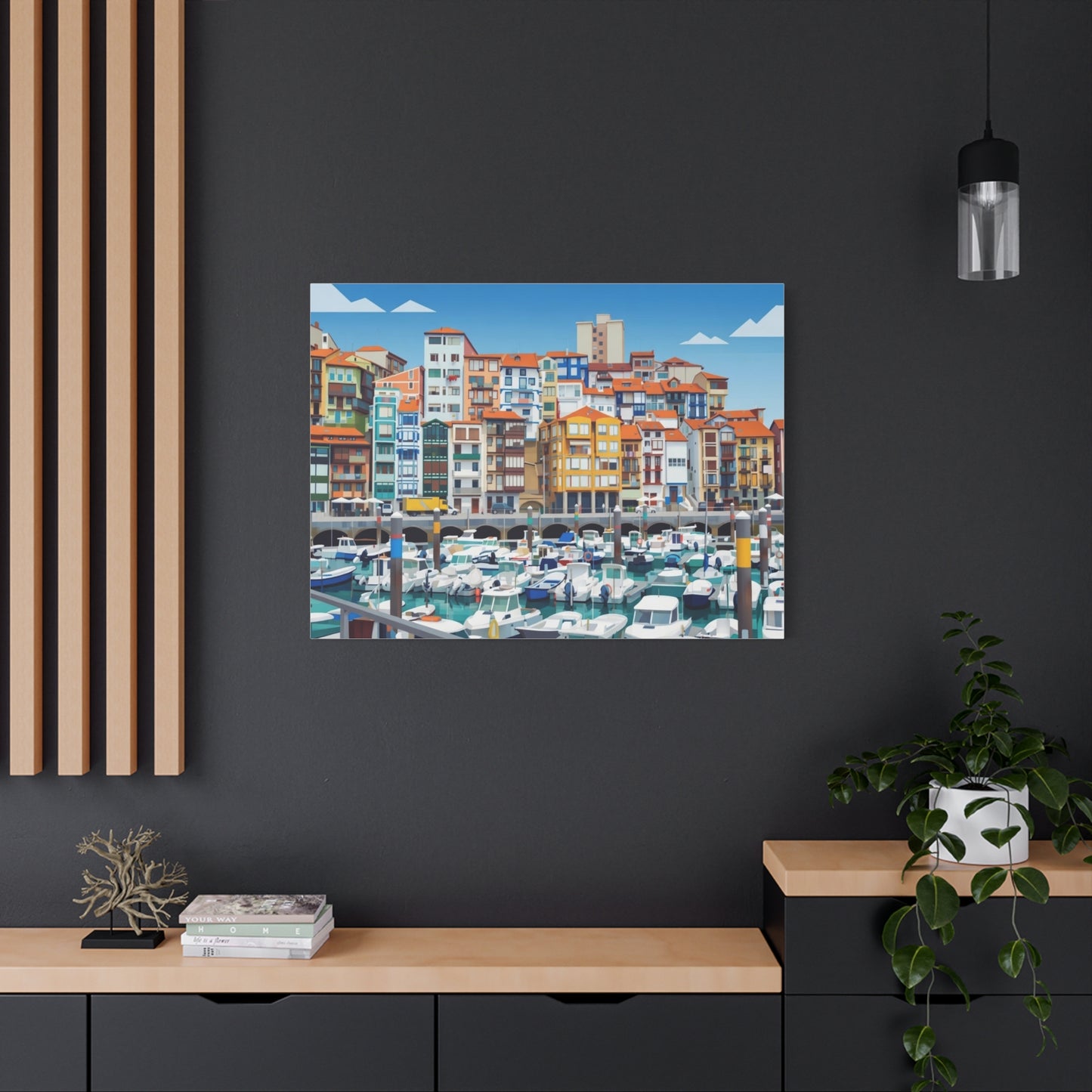 Colorful Coastal Harbor Matte Canvas Print — Stretched Wall Art