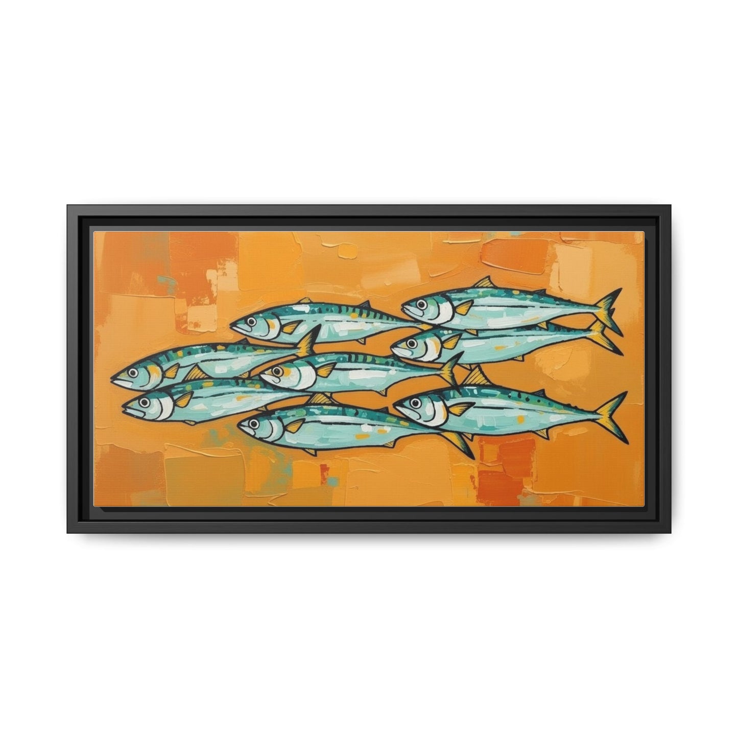 Framed Matte Canvas Print — School of Blue Fish on Orange Abstract Background
