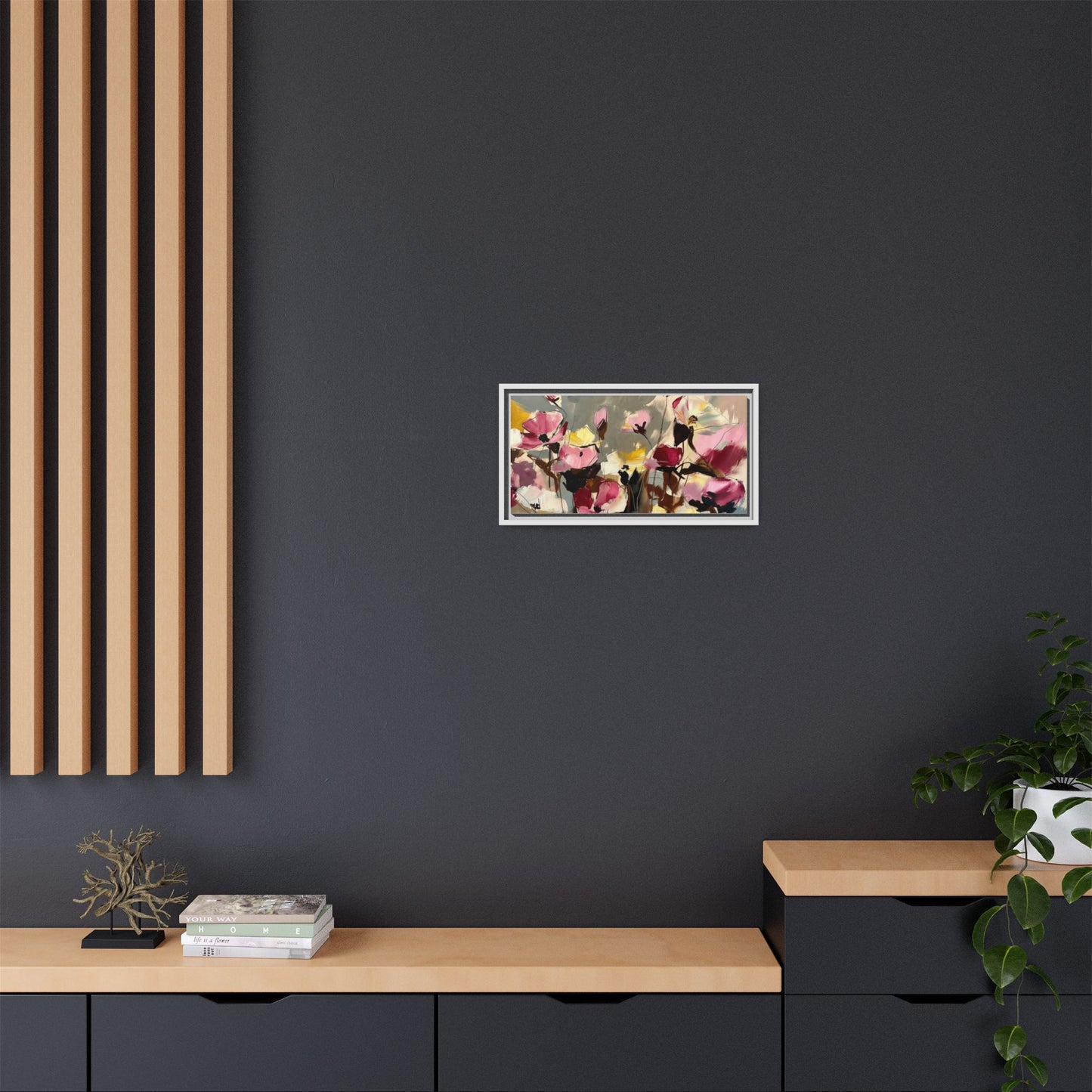 Framed Floral Canvas Wall Art — Abstract Pink & Yellow Flowers