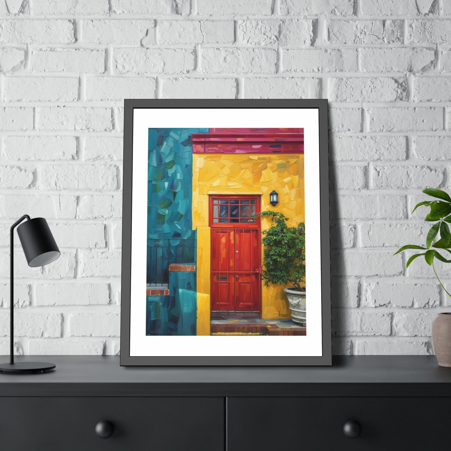 Framed Art Print - Vibrant Red Door Street Scene Poster