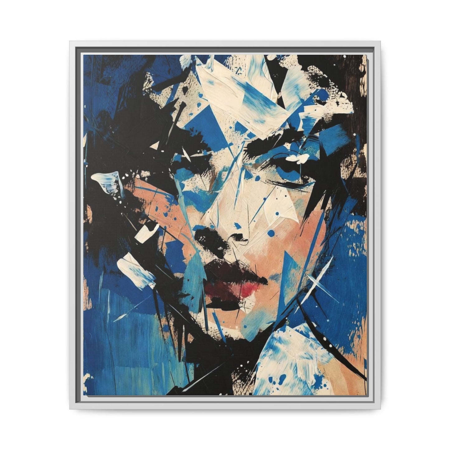 Abstract Portrait Matte Canvas Framed Wall Art — Blue Mixed-Media Face Print