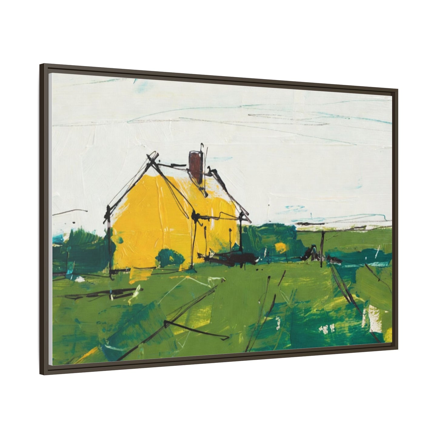 Yellow Cottage Landscape Framed Canvas Print