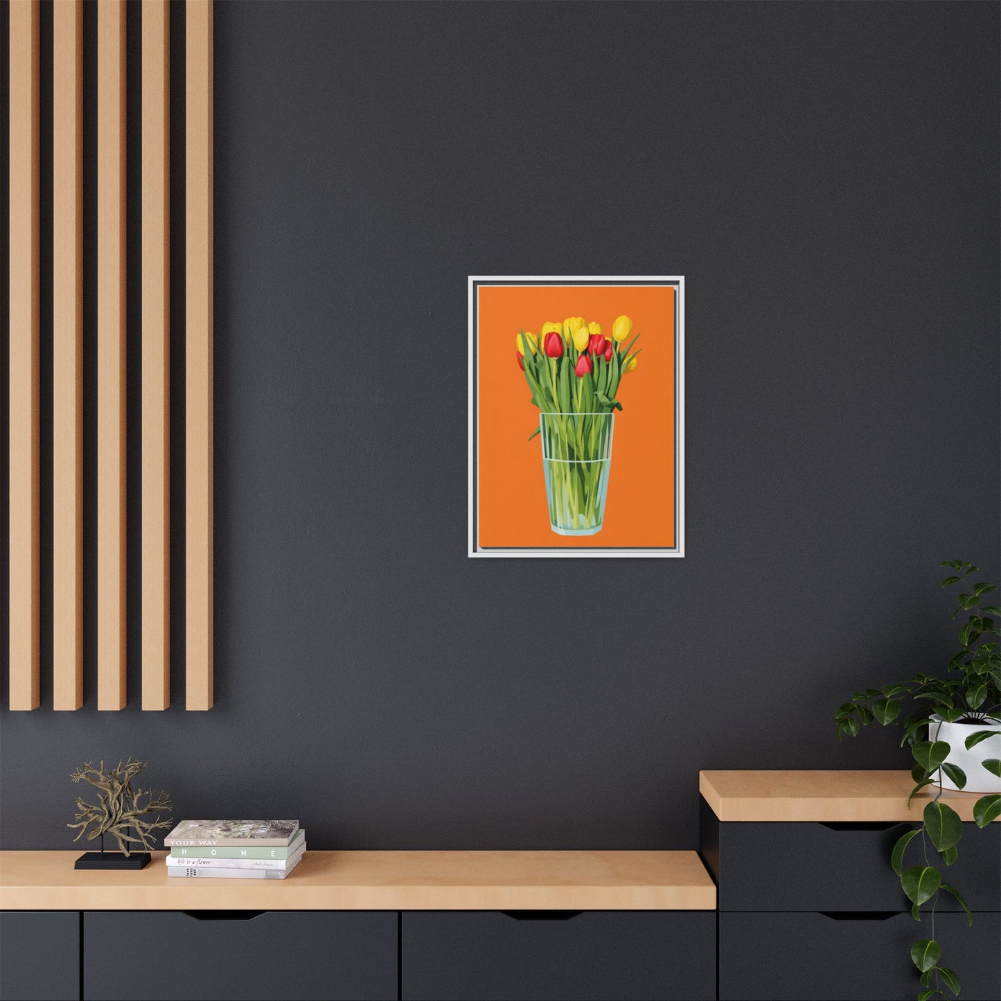 Framed Tulip Canvas Print — Colorful Tulips in Glass Vase