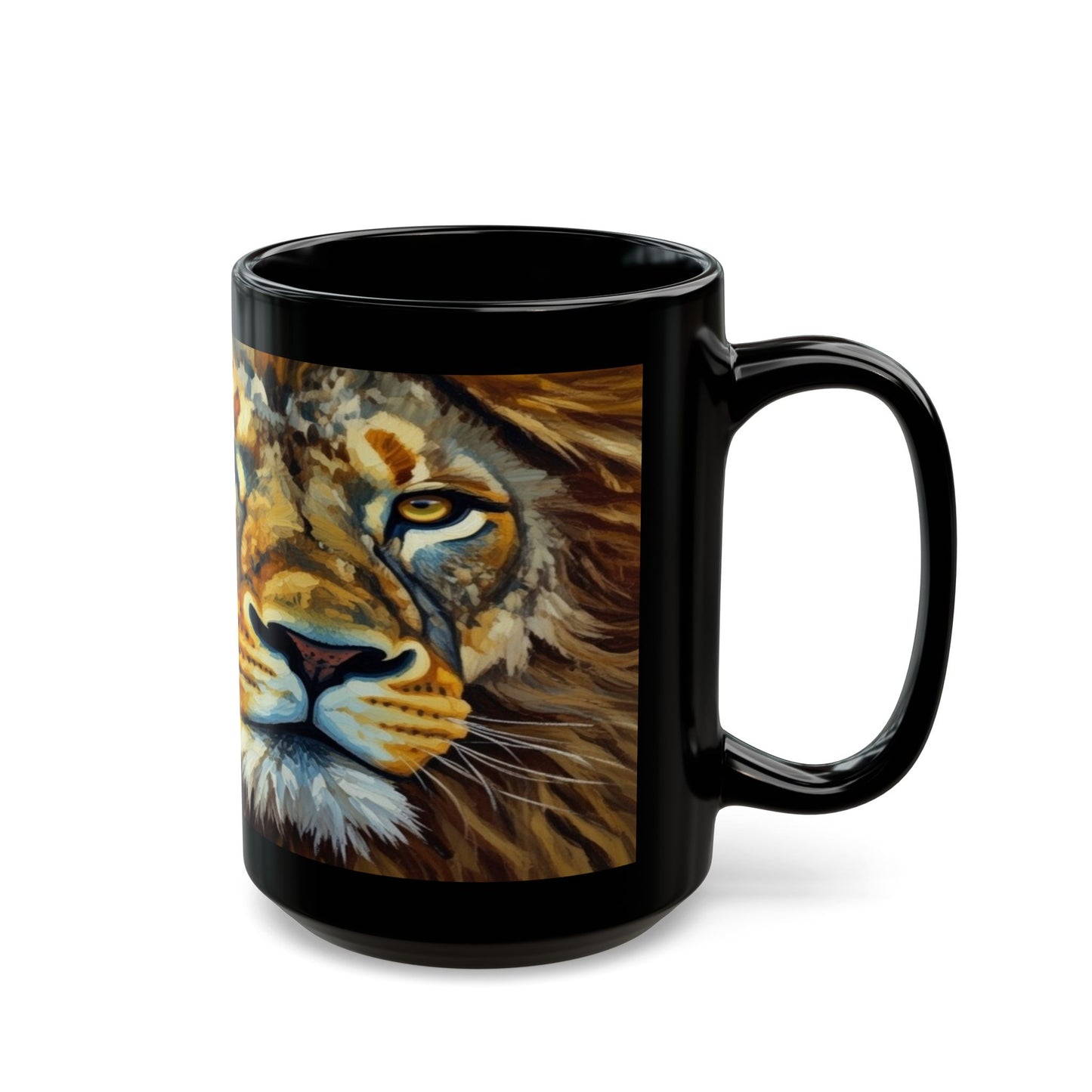 Lion Portrait Black Ceramic Mug — Majestic Wildlife Coffee Cup (11oz, 15oz)