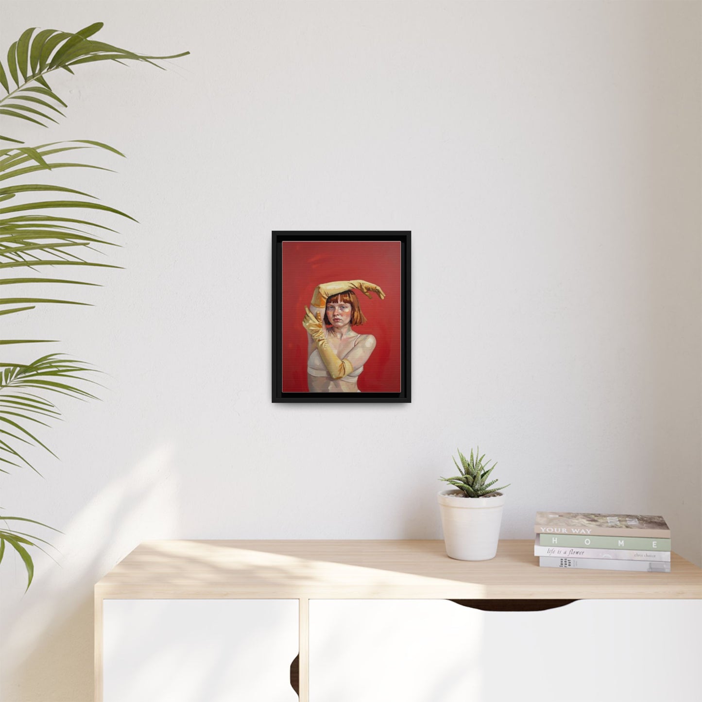 Framed Matte Canvas Art - Portrait of Woman in Yellow Gloves (Red Background)