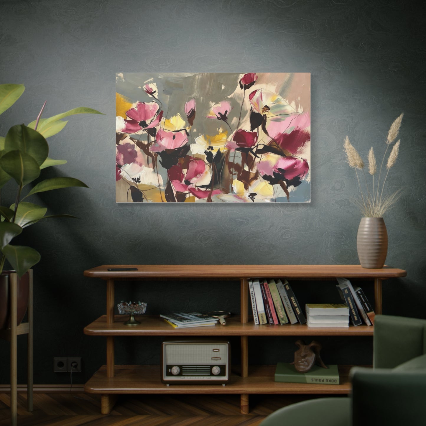 Floral Abstract Canvas Wall Art — Pink & Yellow Bloom Stretched Matte Print