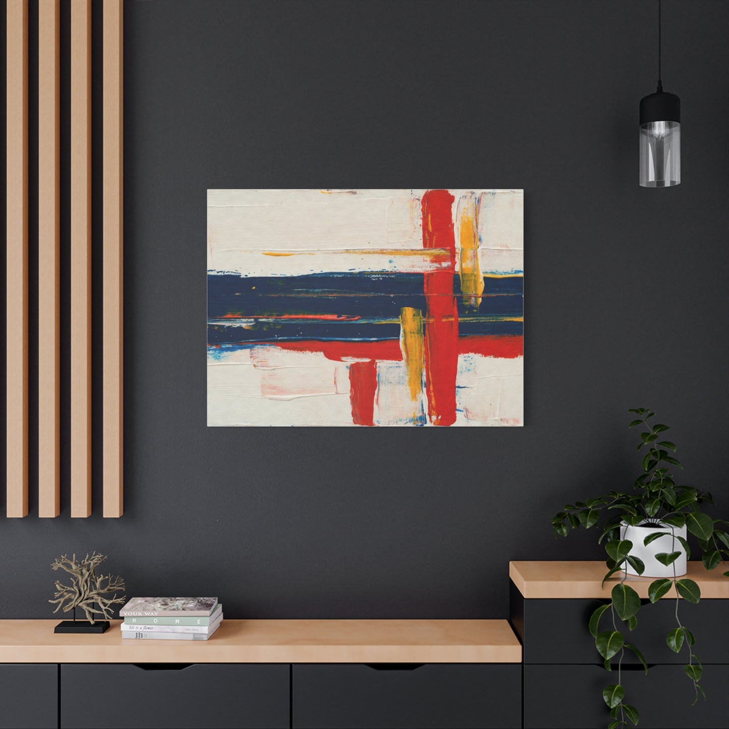 Abstract Modern Canvas Art Print — Red, Navy & Gold Stretched Matte Canvas
