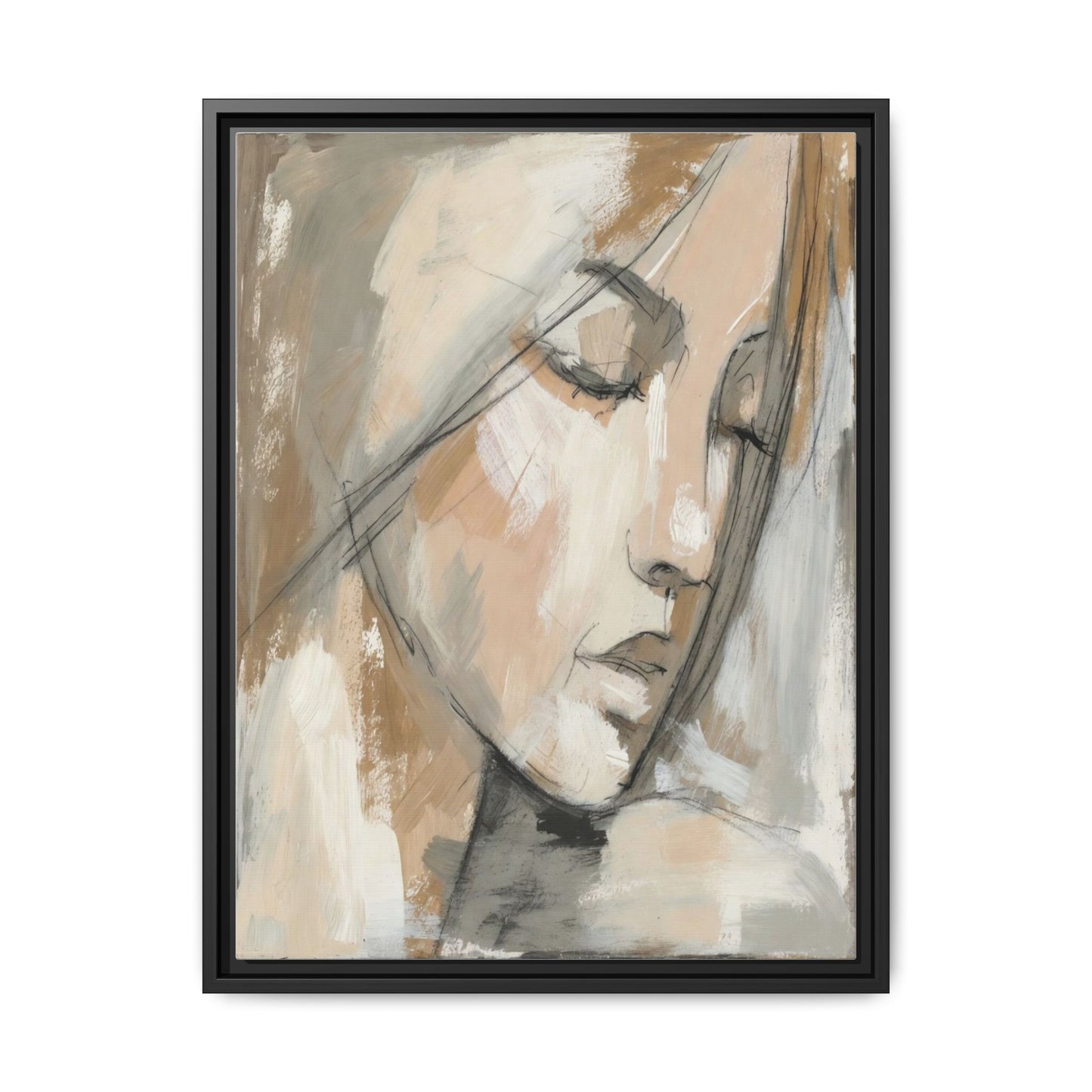 Framed Matte Canvas Art — Serene Abstract Portrait in Neutrals