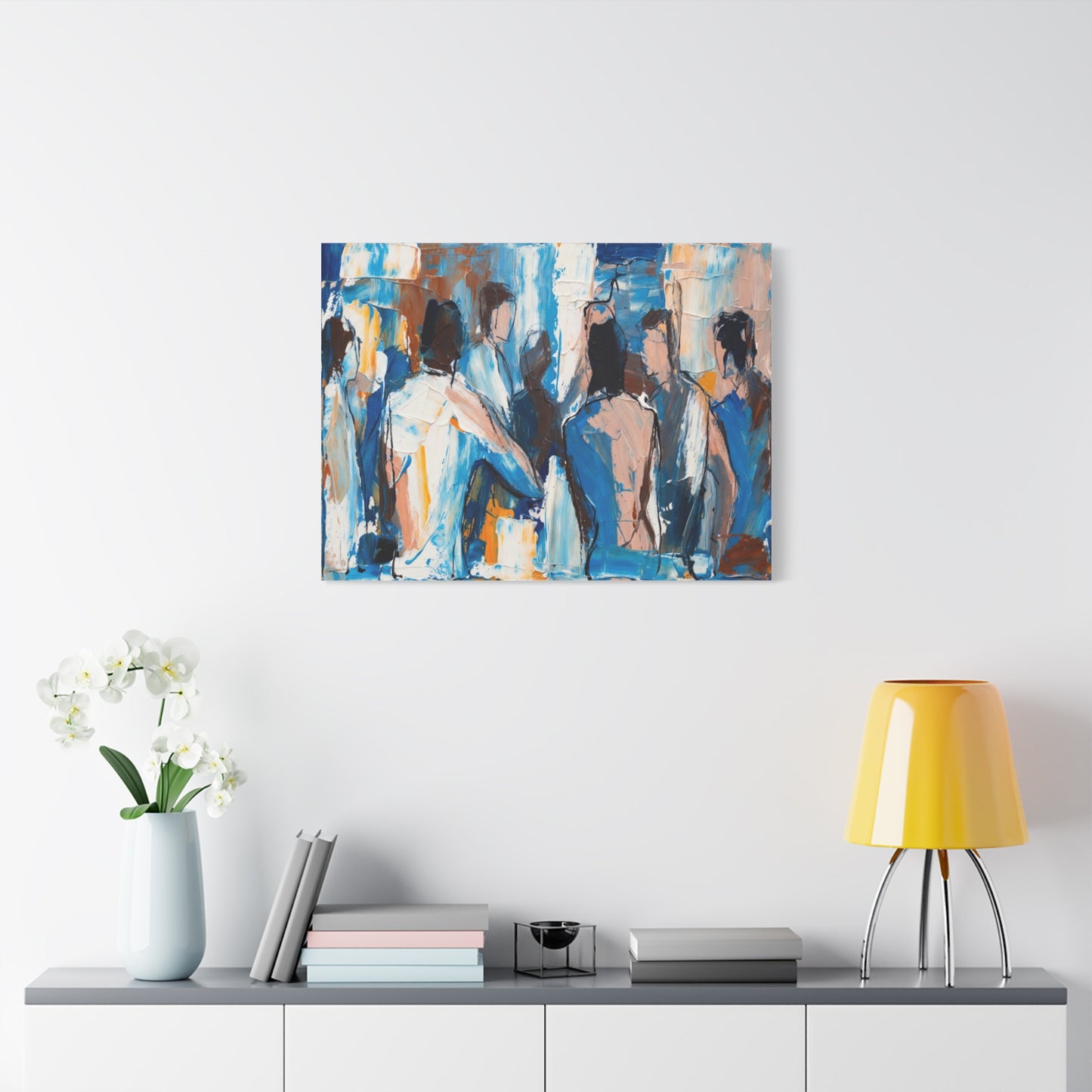 Abstract Figurative Canvas Art — Blue Social Scene Matte Stretched Canvas