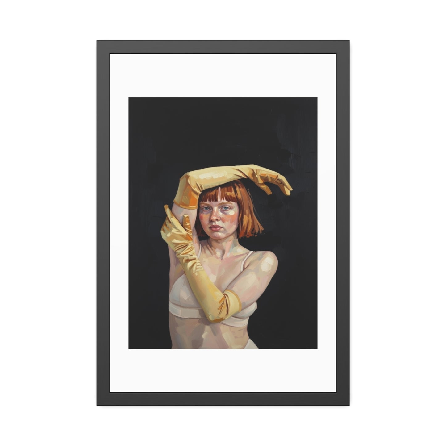 Framed Art Poster — Portrait of Redhead Woman in Yellow Gloves (Gallery Wall Print)