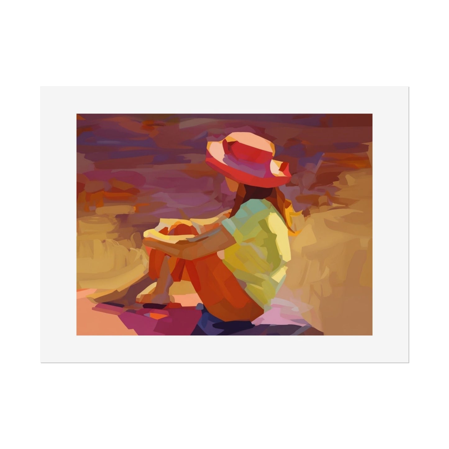 Sunset Daydream Rolled Poster — Colorful Girl in Hat Beach Art Print