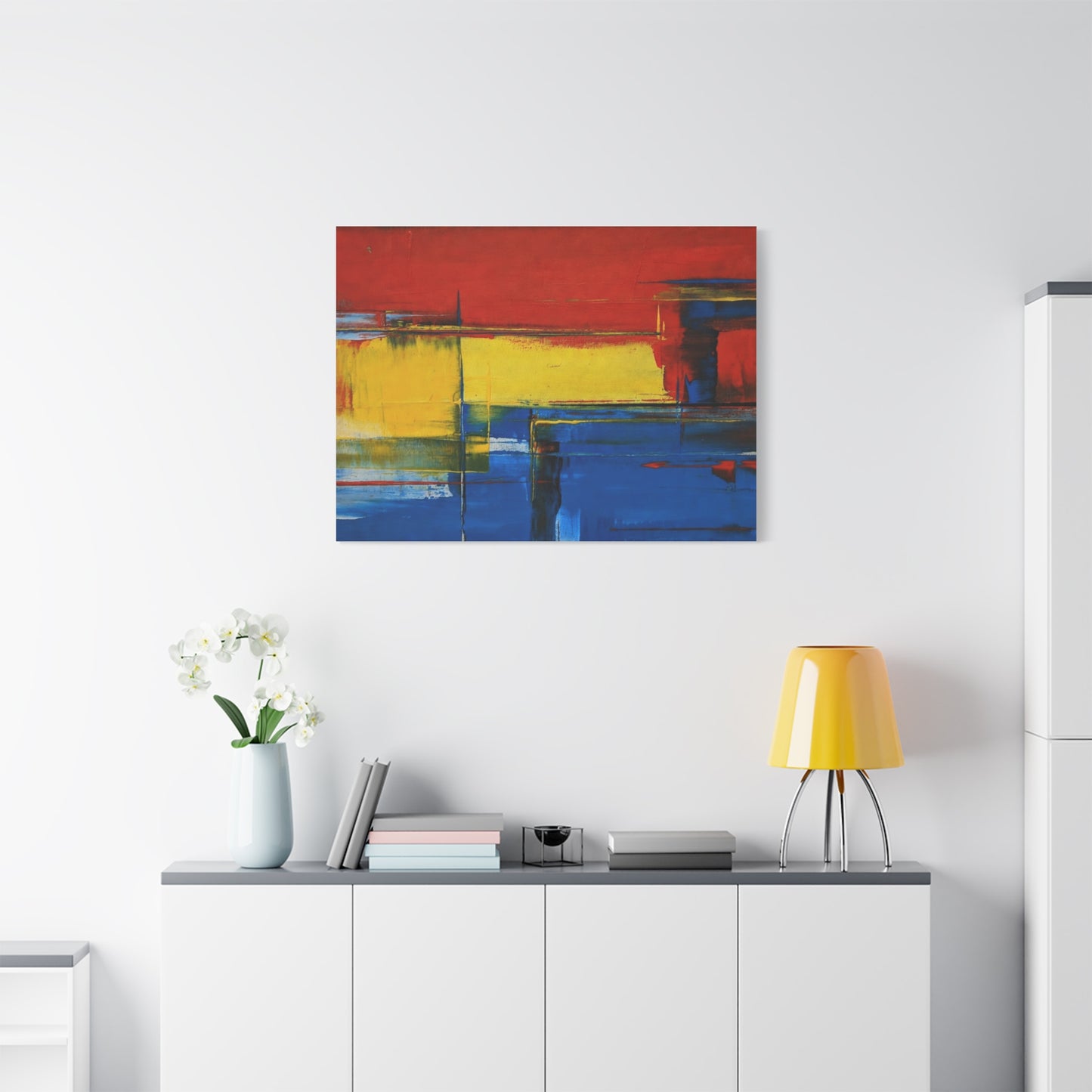 Abstract Color Block Matte Canvas Wall Art — Red, Yellow & Blue Stretched Canvas