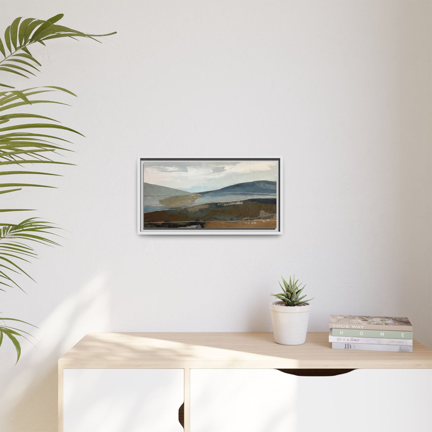 Framed Matte Canvas Landscape Art - Serene Abstract Hills in Blue & Earth Tones