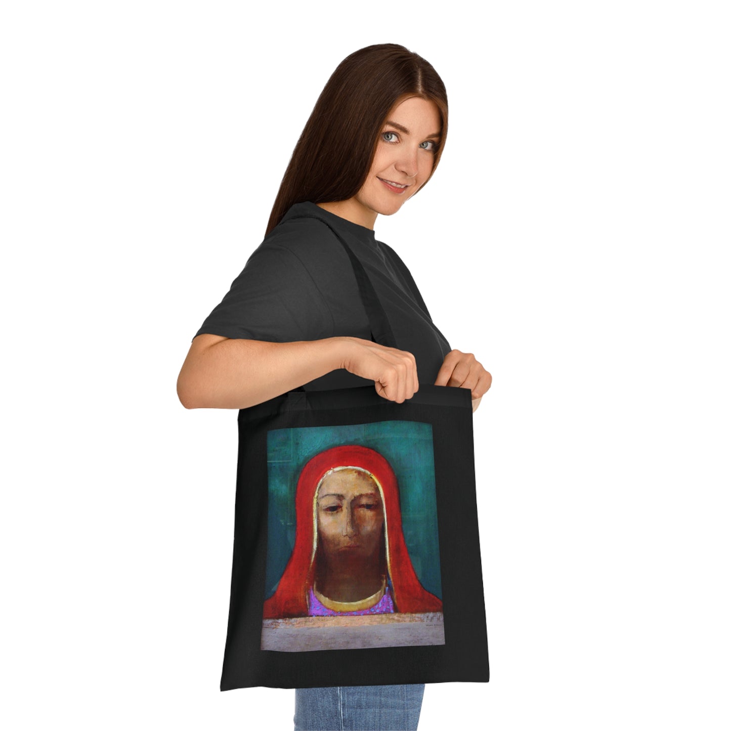 Art Portrait Tote Bag — Serene Red-Hooded Figure Canvas Cotton Tote