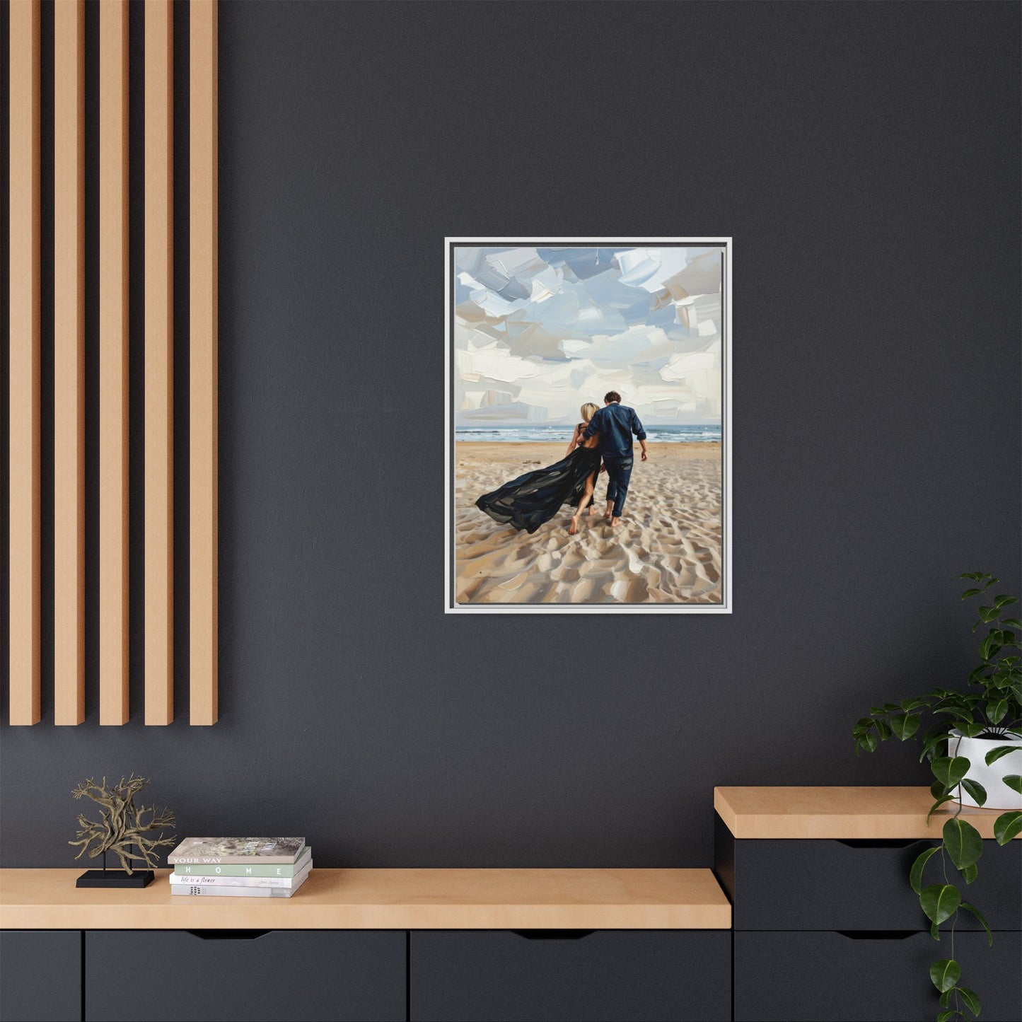 Framed Canvas Wall Art — Romantic Couple Walking on Beach Print