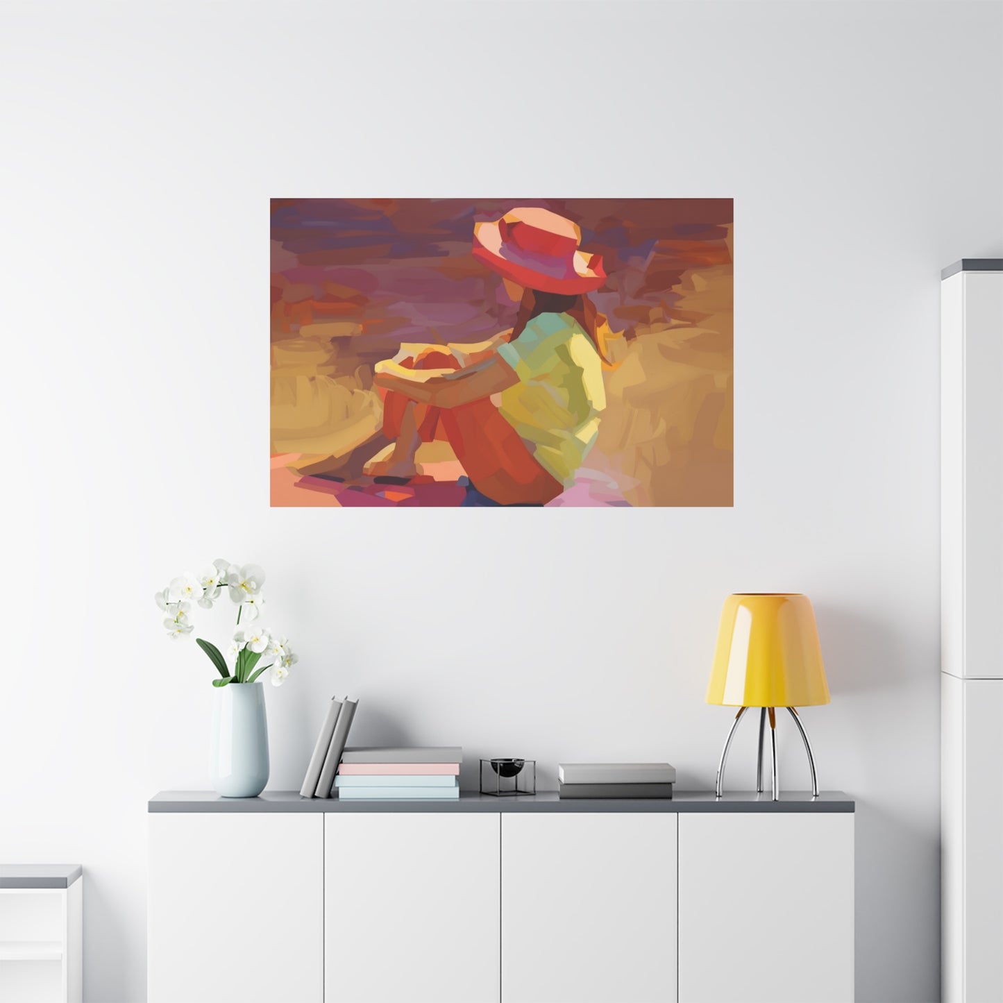Sunset Daydream Canvas Art — Girl in Hat Matte Stretched Wall Art