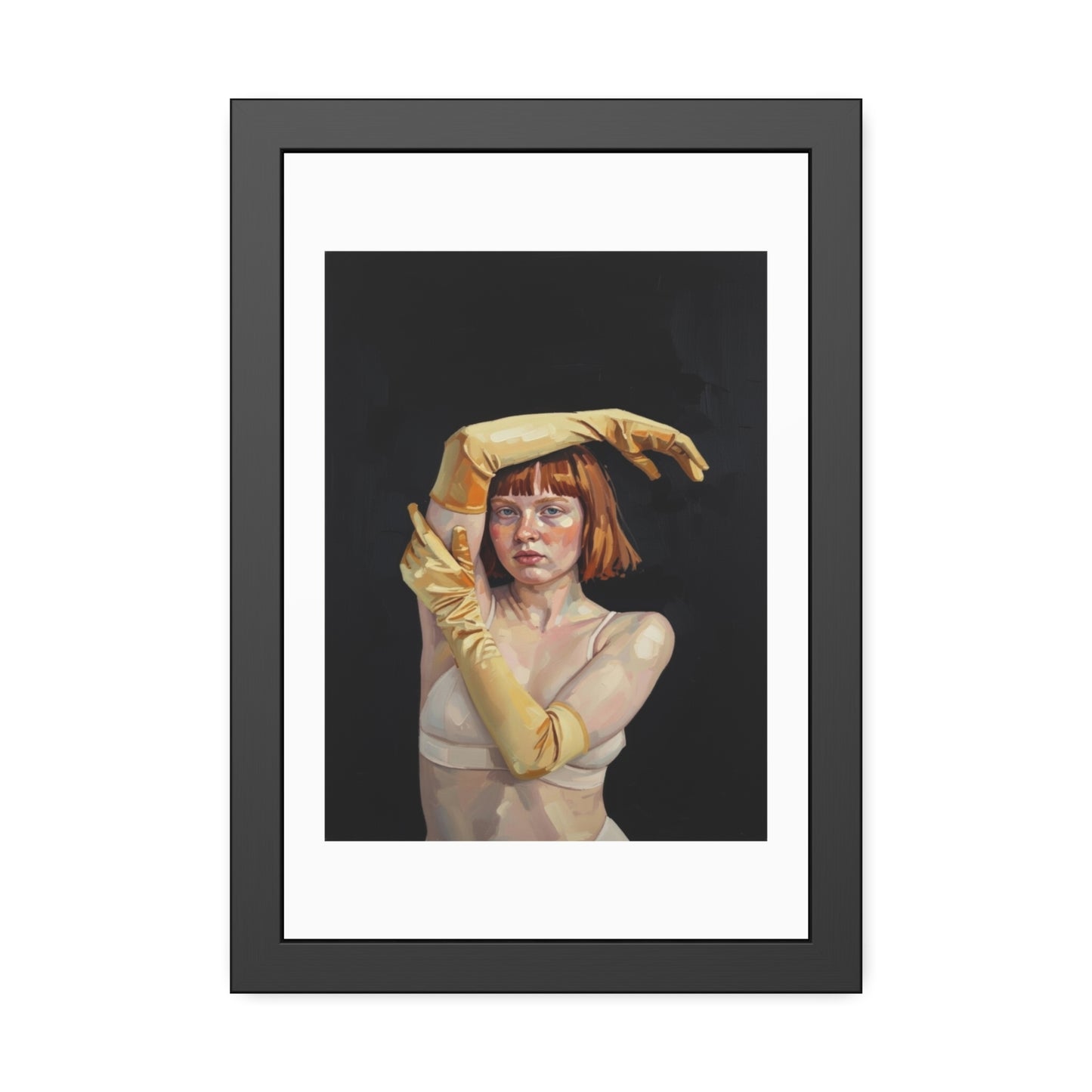 Framed Art Poster — Portrait of Redhead Woman in Yellow Gloves (Gallery Wall Print)