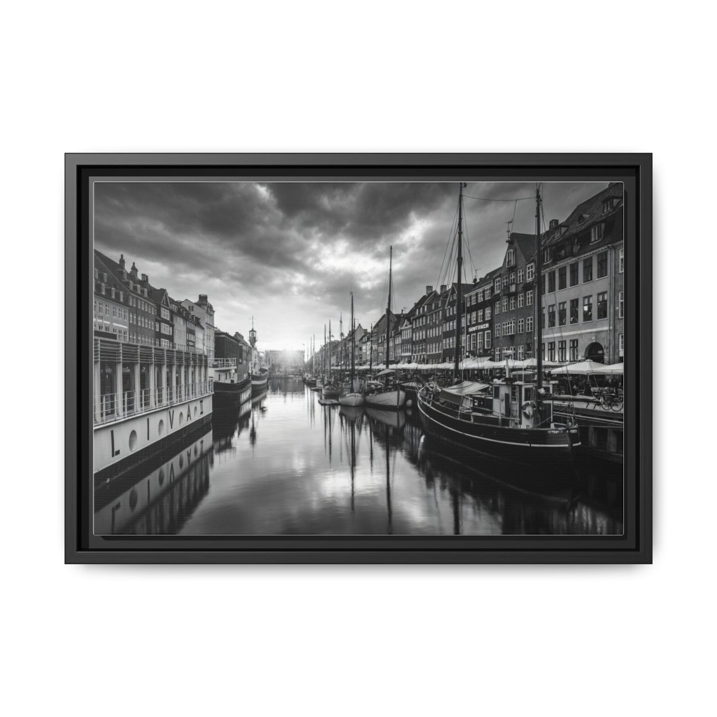 Framed Matte Canvas: Black & White Dutch Canal Photography Wall Art