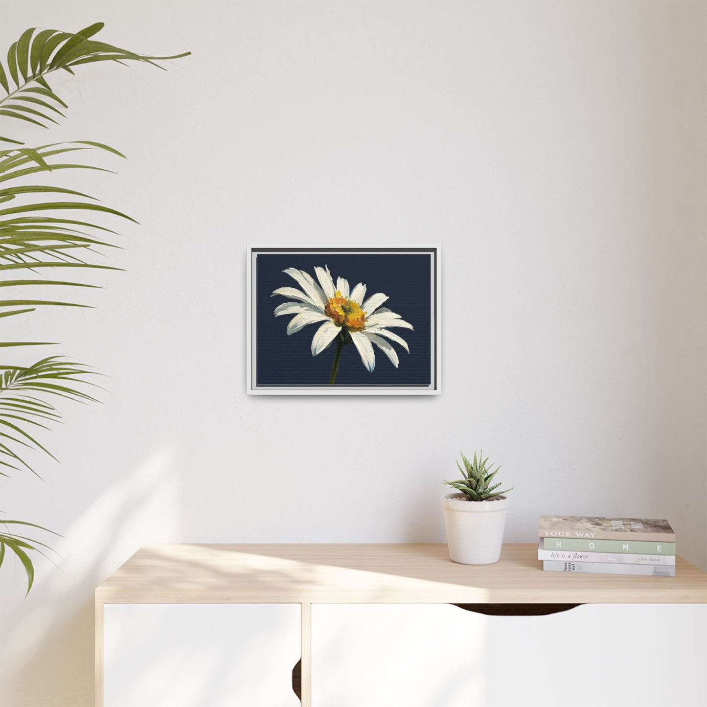 Framed Matte Canvas Daisy Wall Art — White Floral Painting on Navy