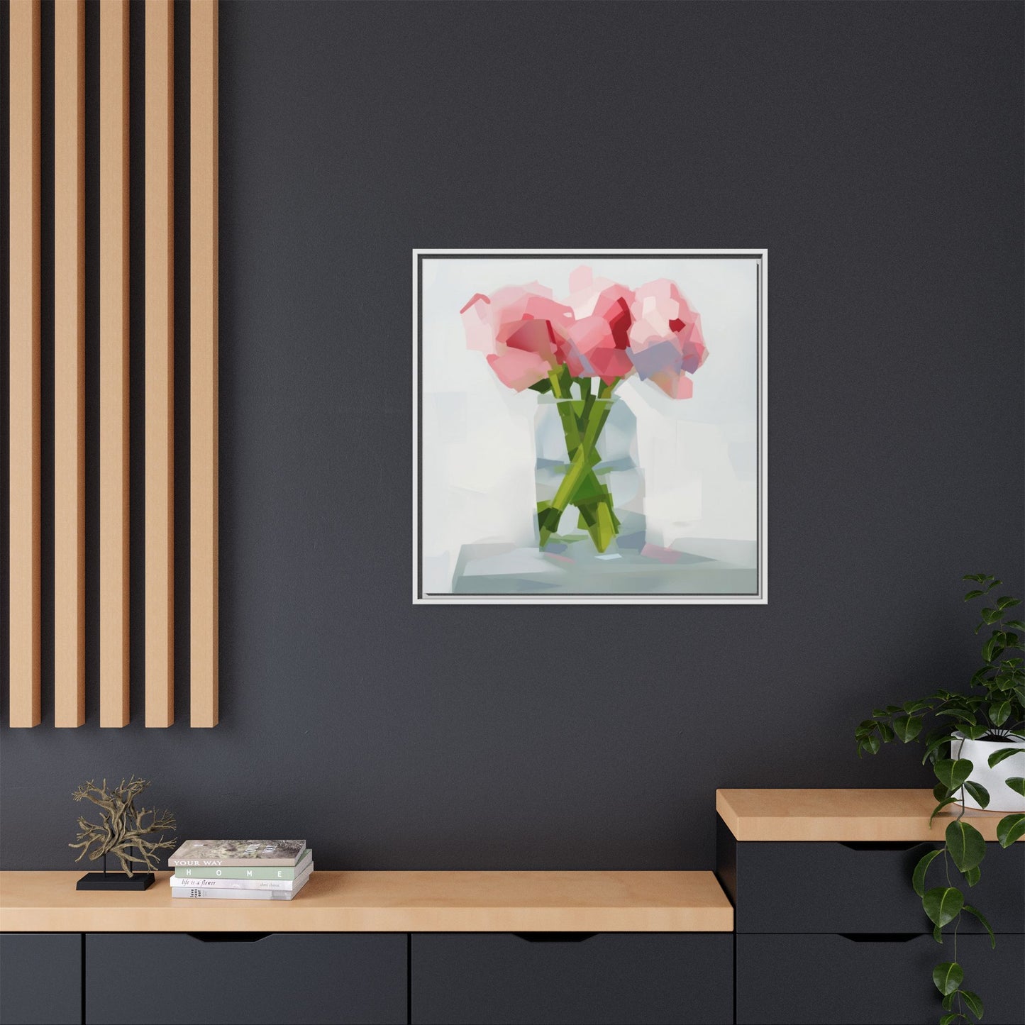 Framed Floral Canvas Art — Pink Peonies in Vase (Matte)