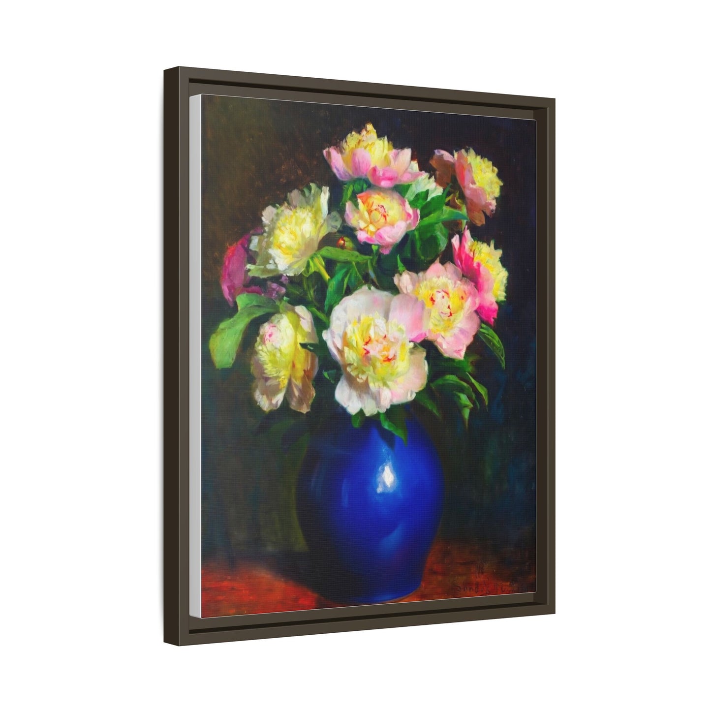 Framed Matte Canvas Wall Art — Vintage Floral Bouquet in Blue Vase