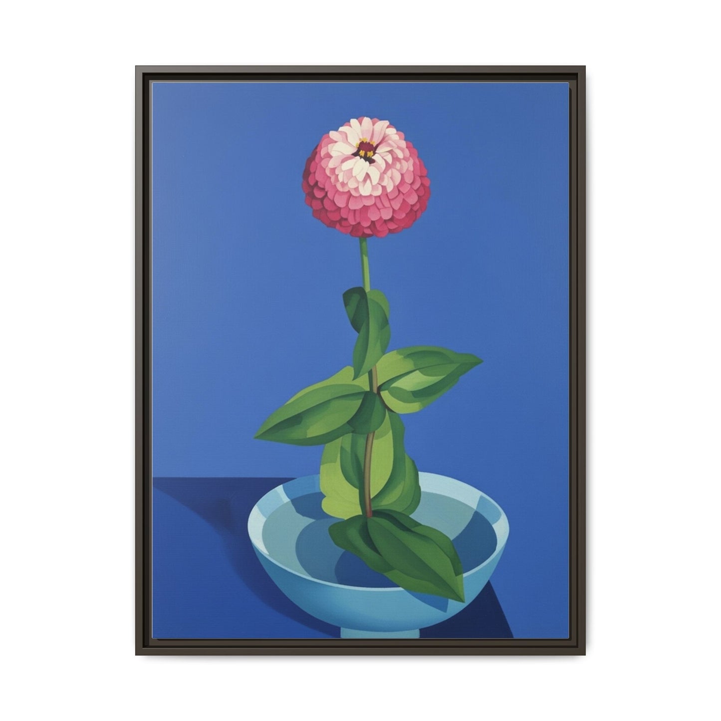 Framed Matte Canvas Art — Pink Zinnia in Blue Bowl (Botanical Still Life)