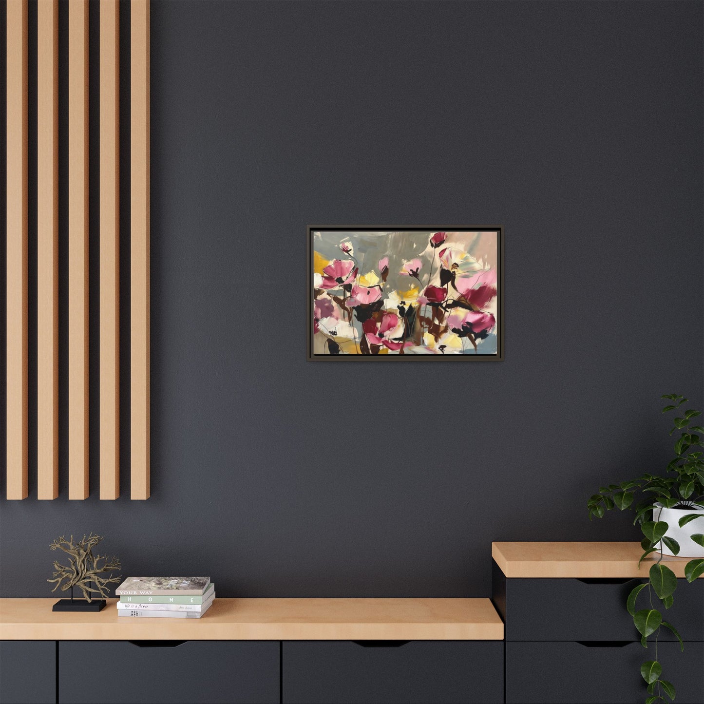 Framed Floral Canvas Wall Art — Abstract Pink & Yellow Flowers