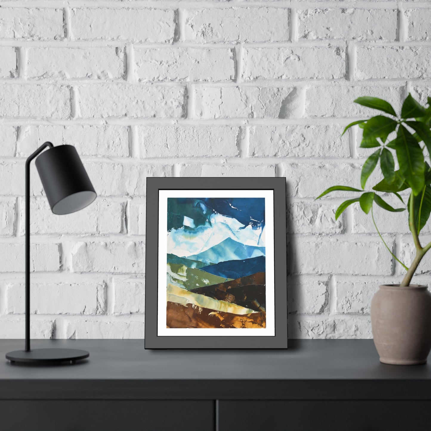 Framed Abstract Mountain Art Print – Blue & Earthtone Layered Landscape Poster