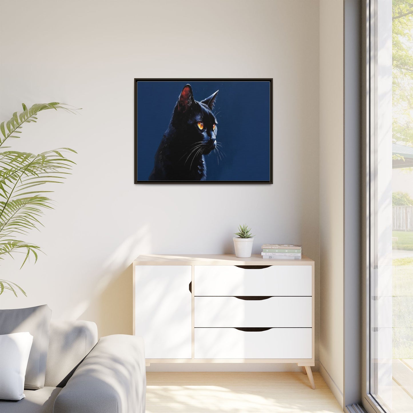 Black Cat Portrait Matte Canvas Framed Wall Art — Dramatic Feline Photo Print