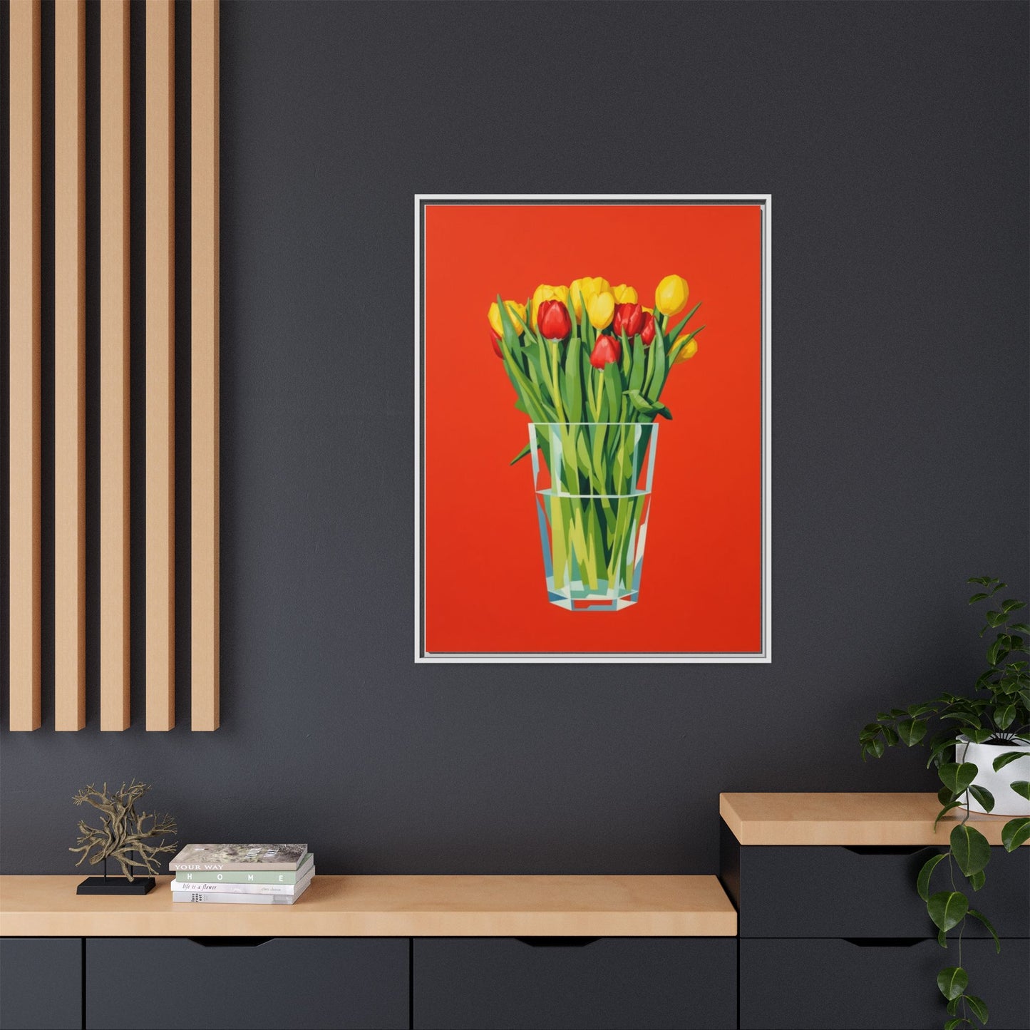 Framed Tulip Bouquet Matte Canvas Art — Vibrant Red Floral Wall Print