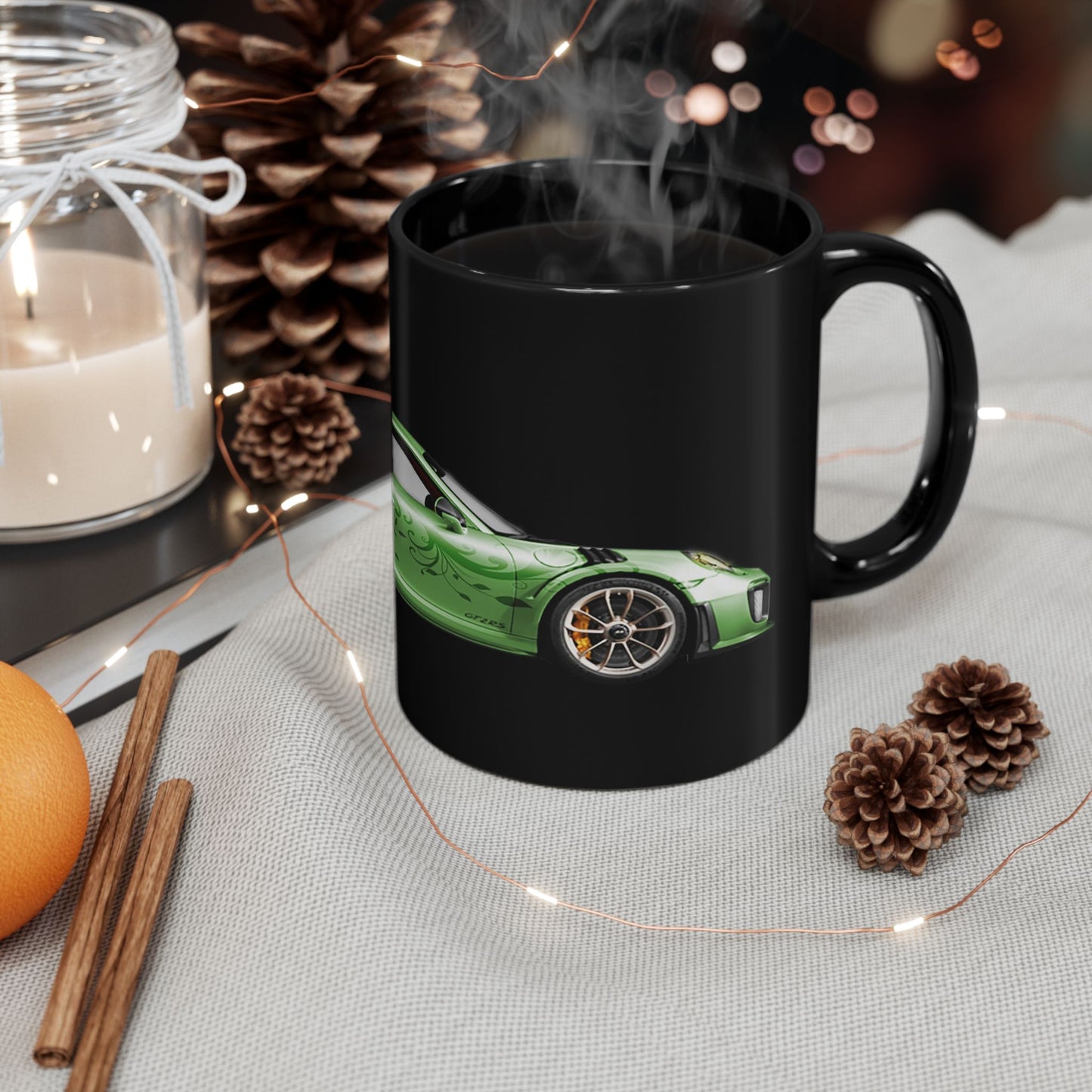 Green Sports Car Mug — Black Ceramic Coffee Cup for Car Enthusiasts (11oz/15oz)