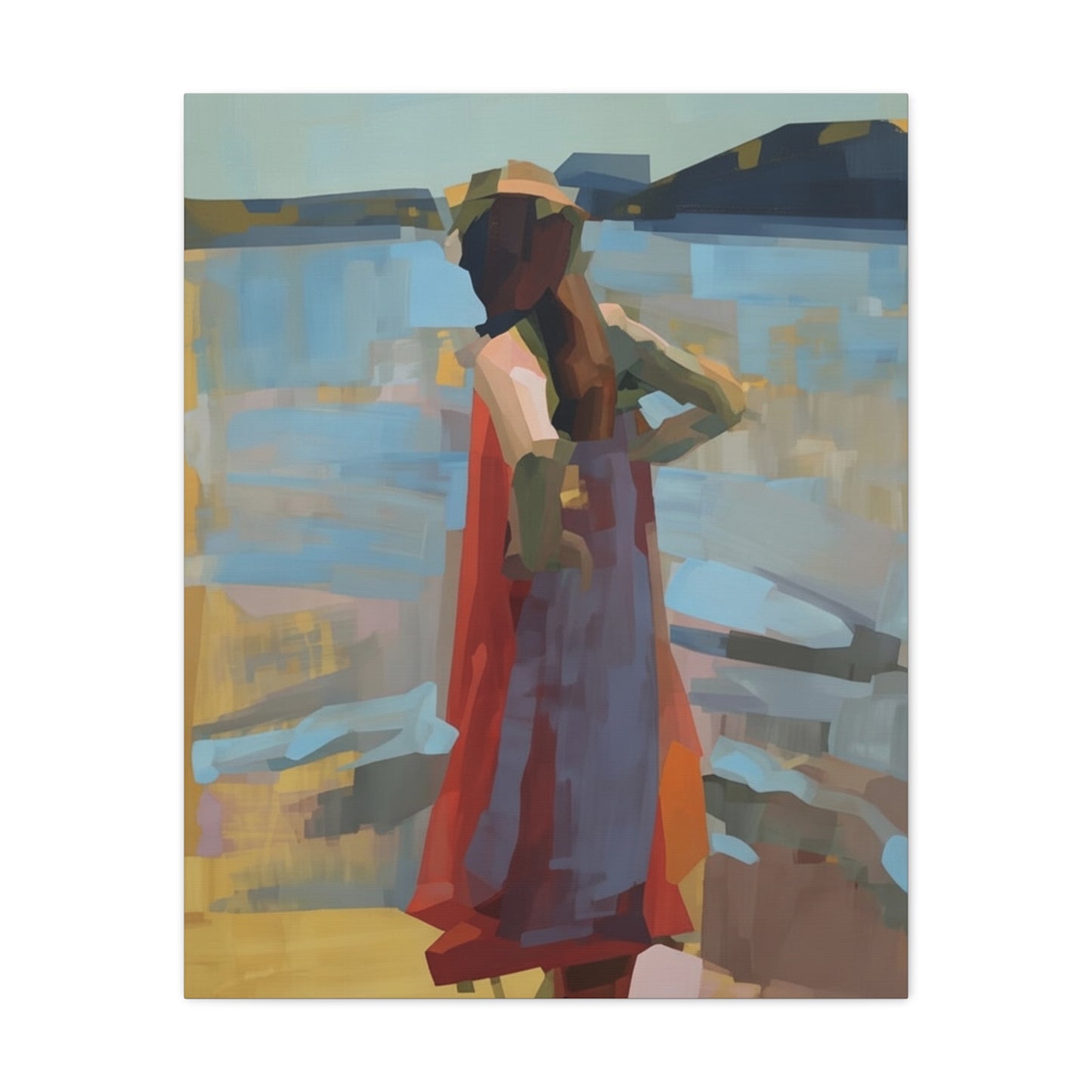 Coastal Stroll Matte Canvas Print — Abstract Woman in Red Dress, Stretched 1.25"