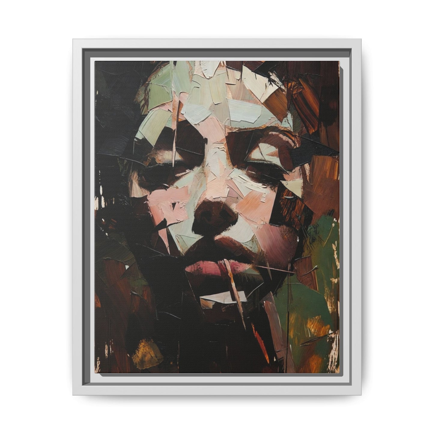 Matte Framed Canvas Art — Abstract Female Portrait, Moody Multicolor