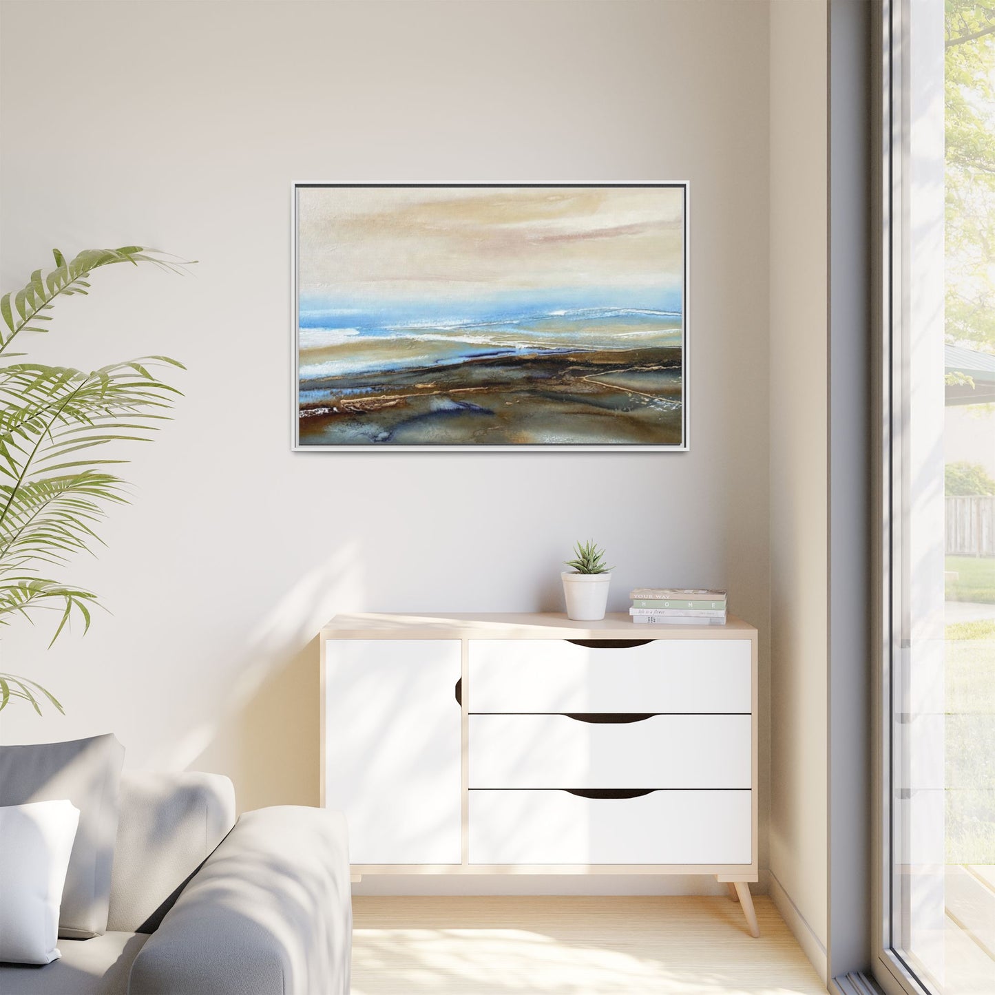 Framed Abstract Seascape Matte Canvas — Coastal Blue & Earth Tone Wall Art