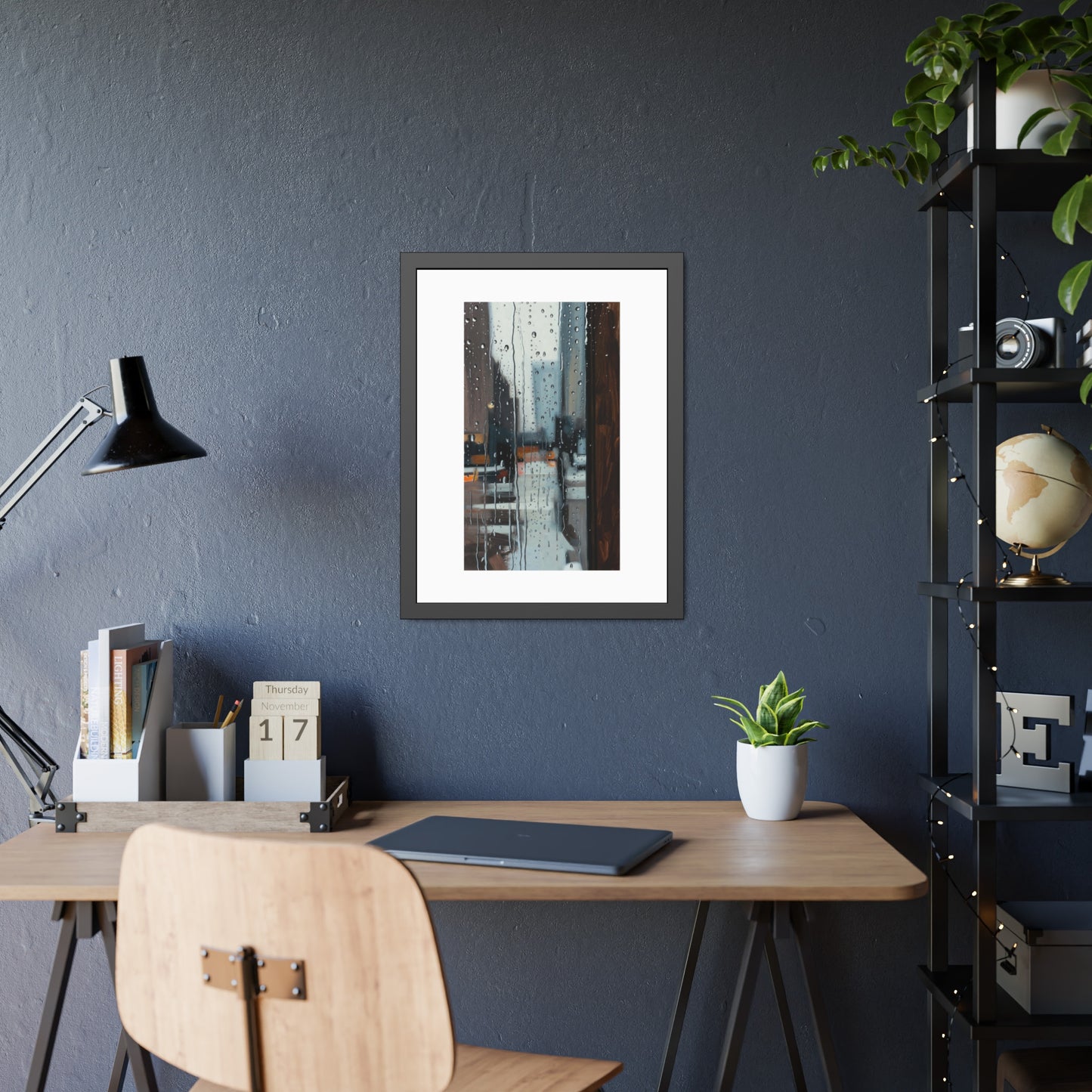 Framed Cityscape Poster — Rainy Window Urban Art Print