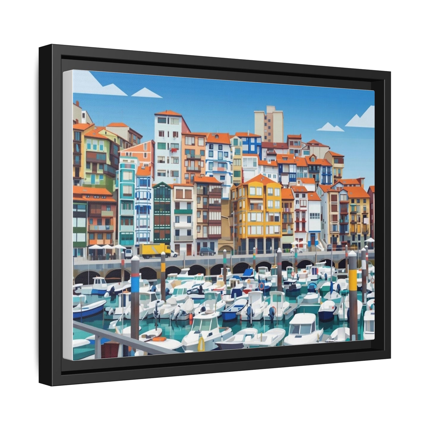 Framed Matte Canvas Print — Colorful Mediterranean Harbor Illustration
