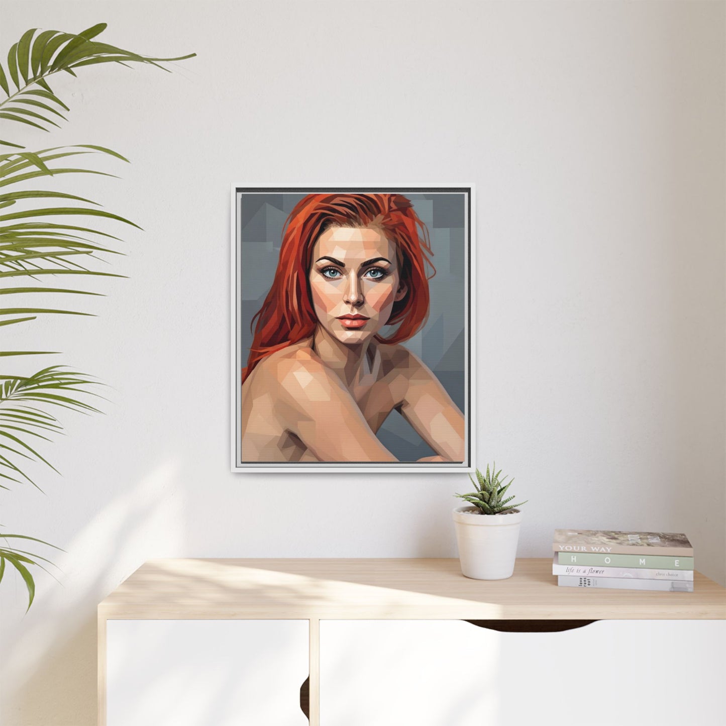Framed Matte Canvas Portrait — Geometric Redhead Wall Art