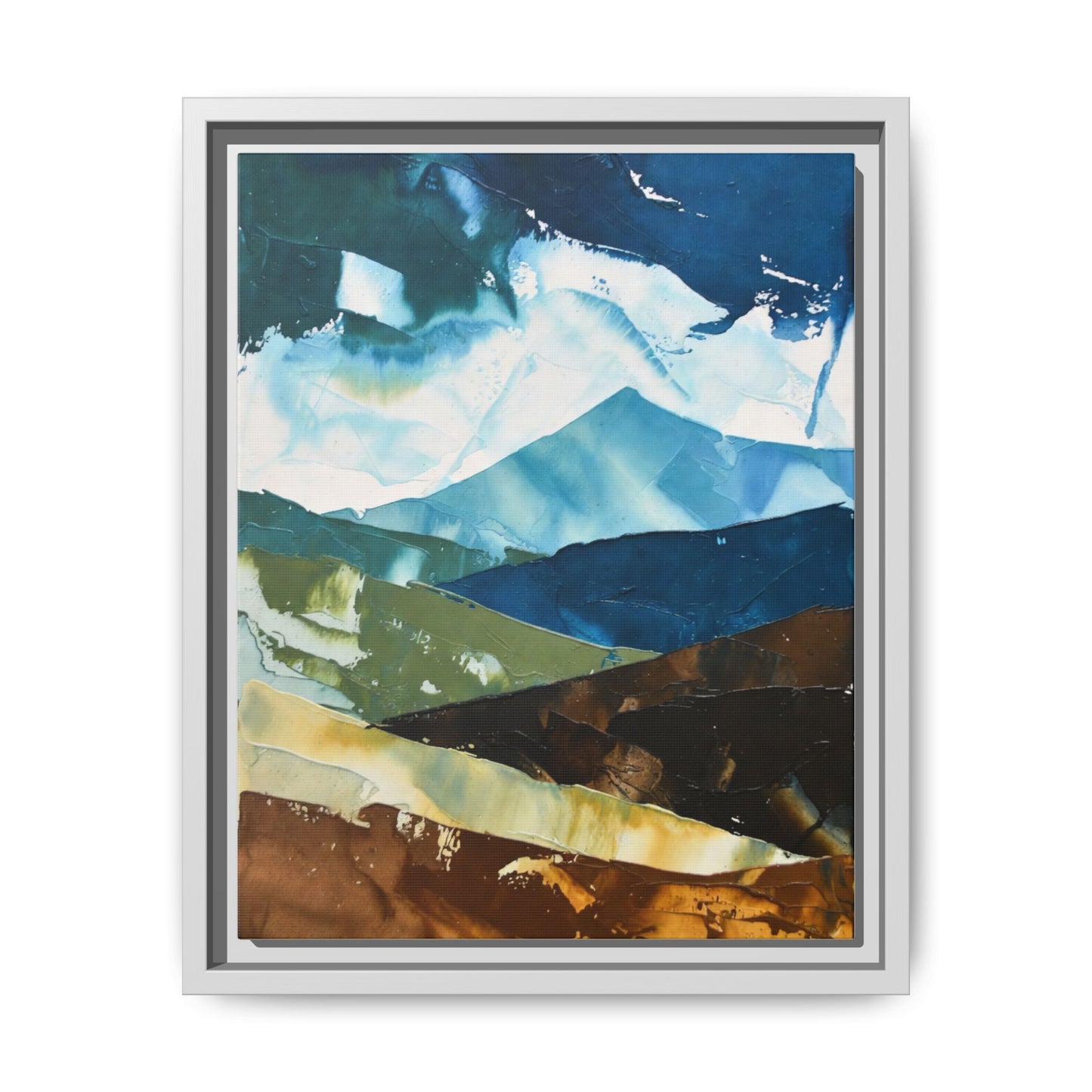 Framed Abstract Mountain Canvas Art — Blue & Earthtone Landscape Print