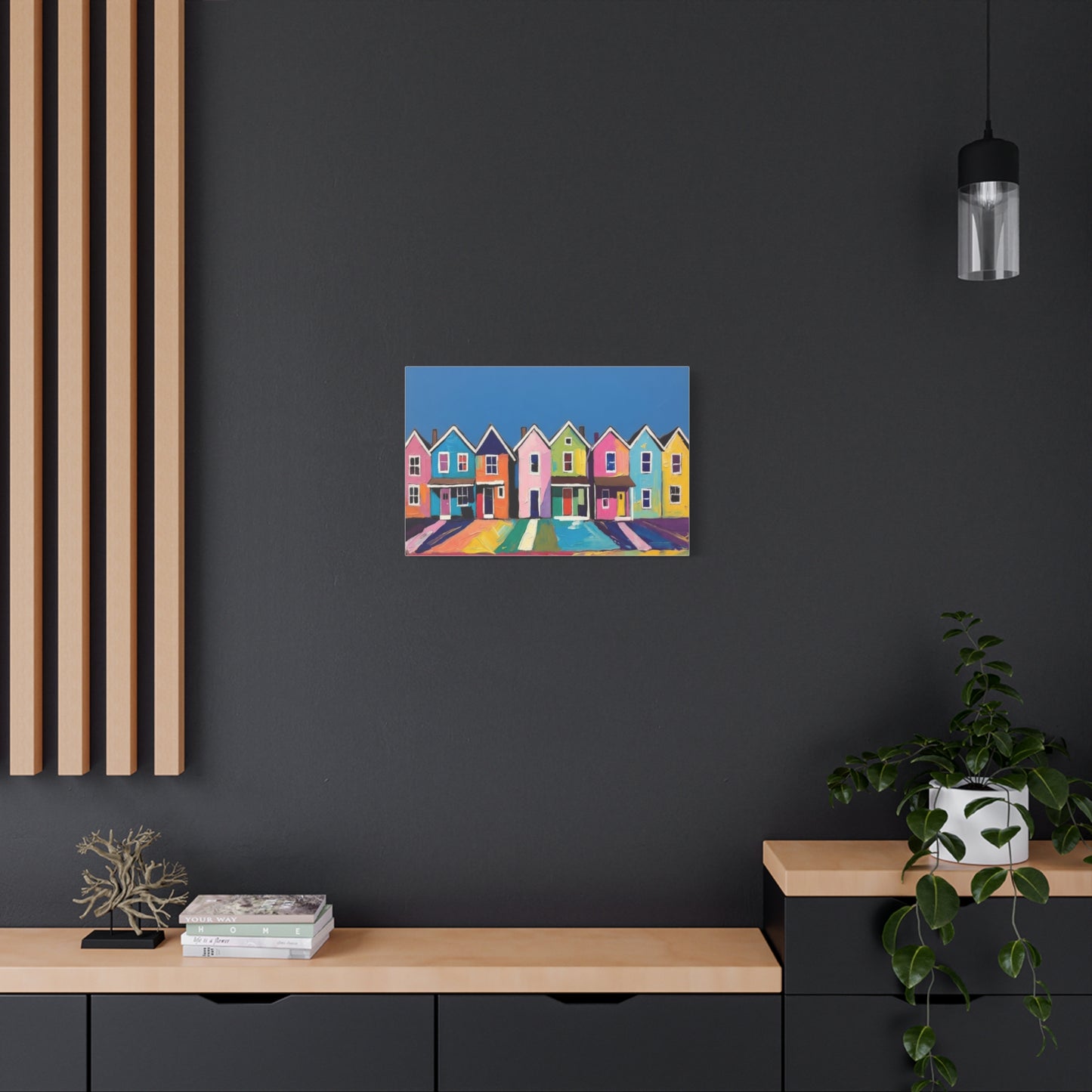 Colorful Row Houses Matte Canvas Print Vibrant Coastal Neighborhood Wall Art