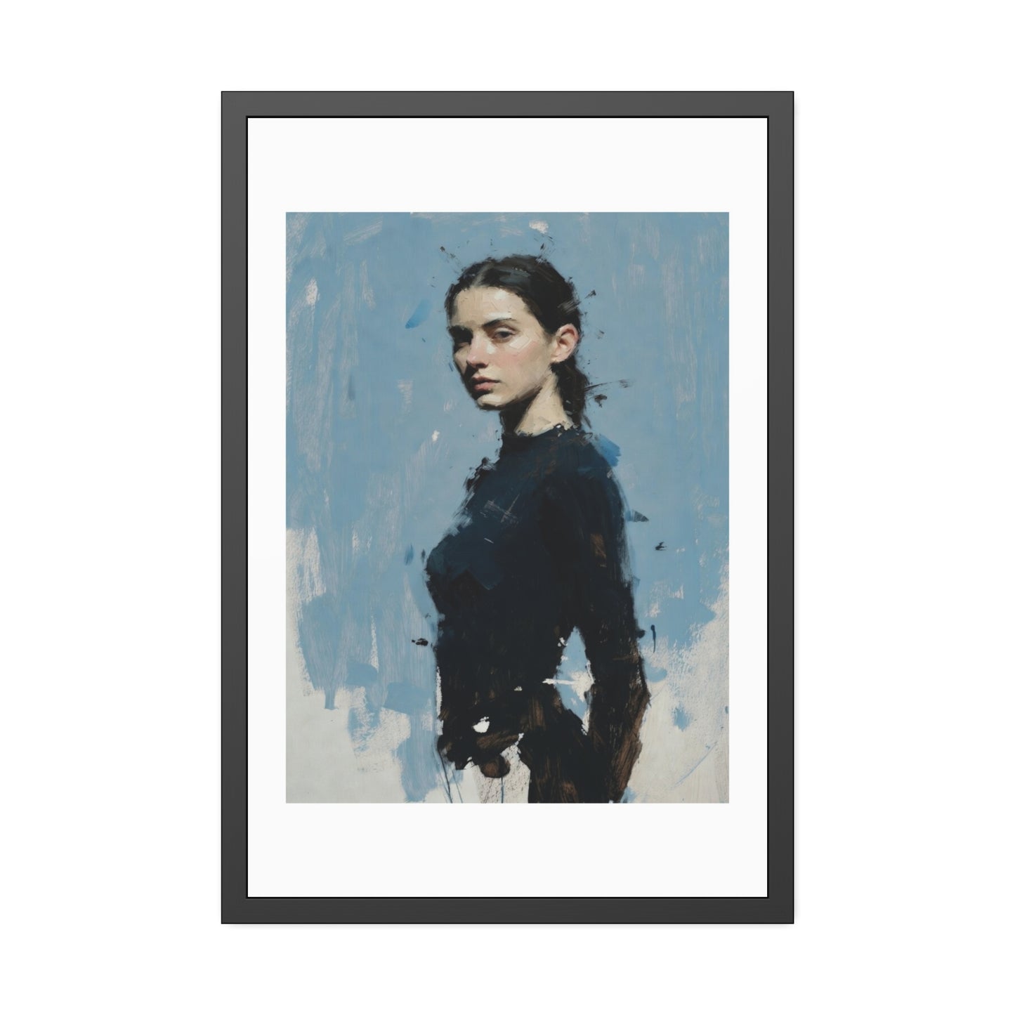 Framed Art Print — Moody Portrait with Blue Painterly Background