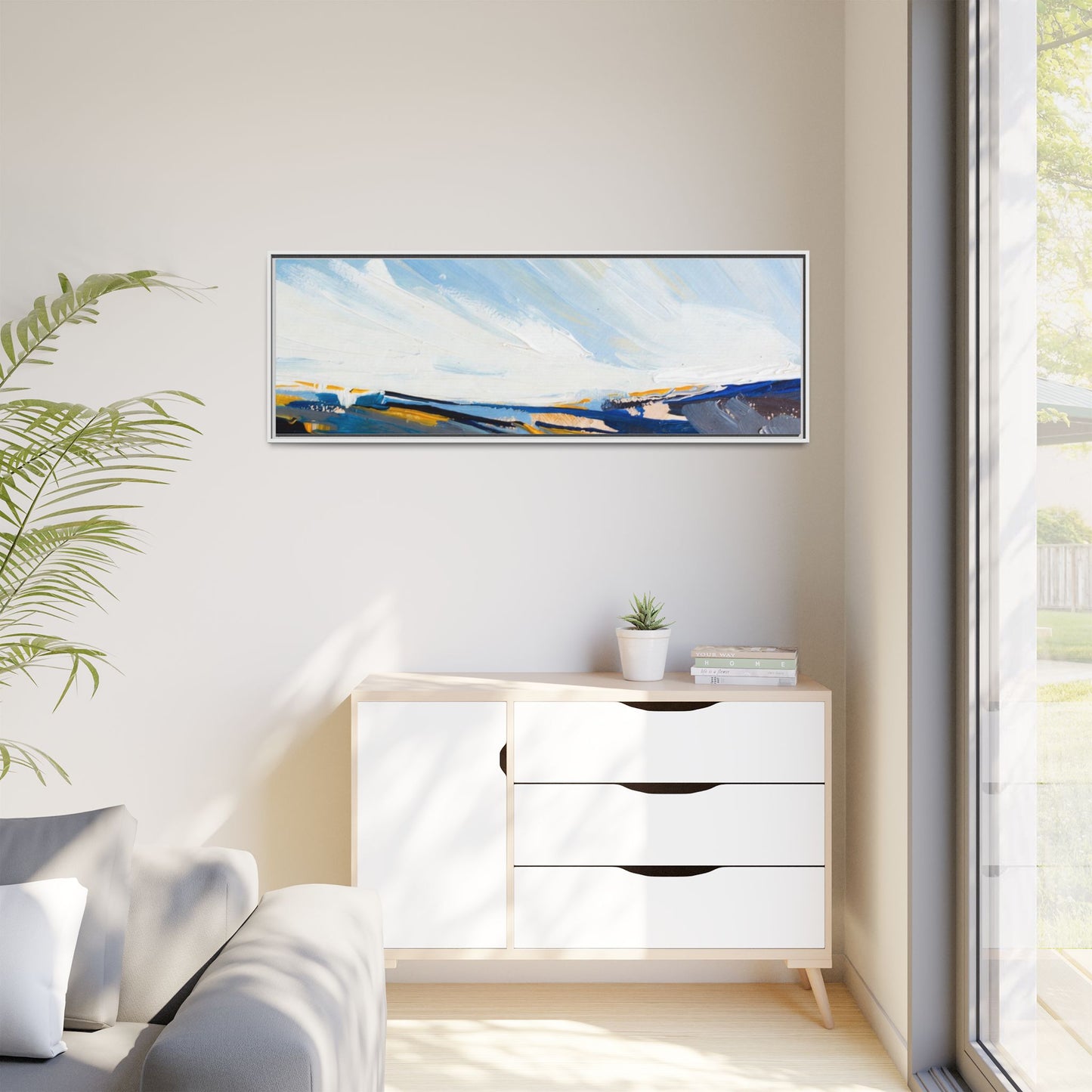 Framed Abstract Seascape Canvas Print — Matte Multi‑Color Wall Art
