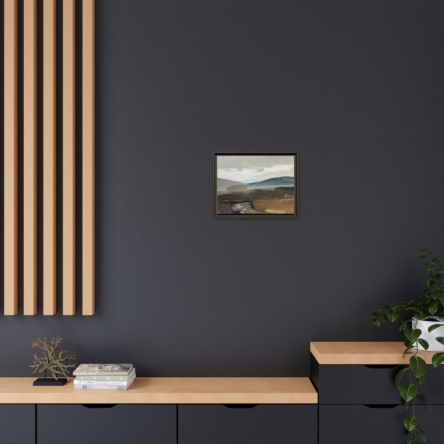 Framed Matte Canvas Landscape Art - Serene Abstract Hills in Blue & Earth Tones