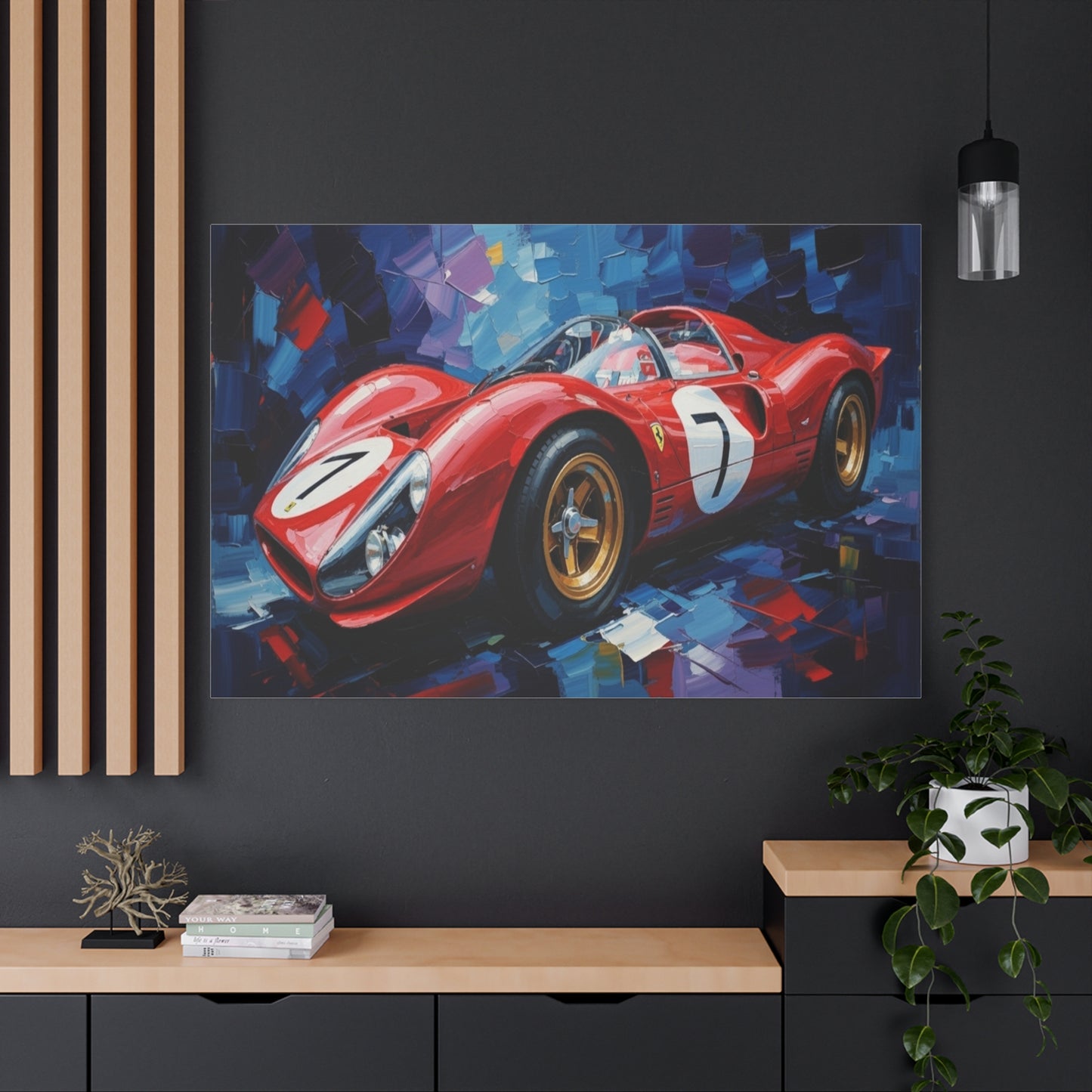 Vintage Ferrari Racing Car Canvas Print — Red Classic Sports Car Artwork (Matte Stretched)