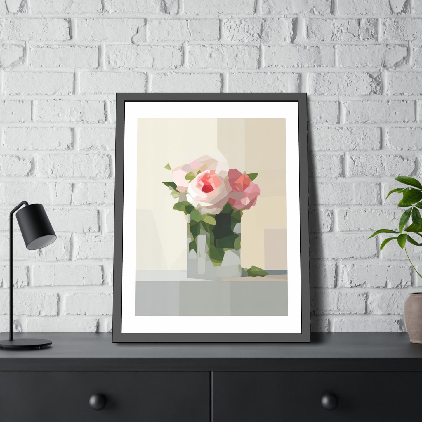 Framed Floral Poster — Geometric Pink Rose Wall Art