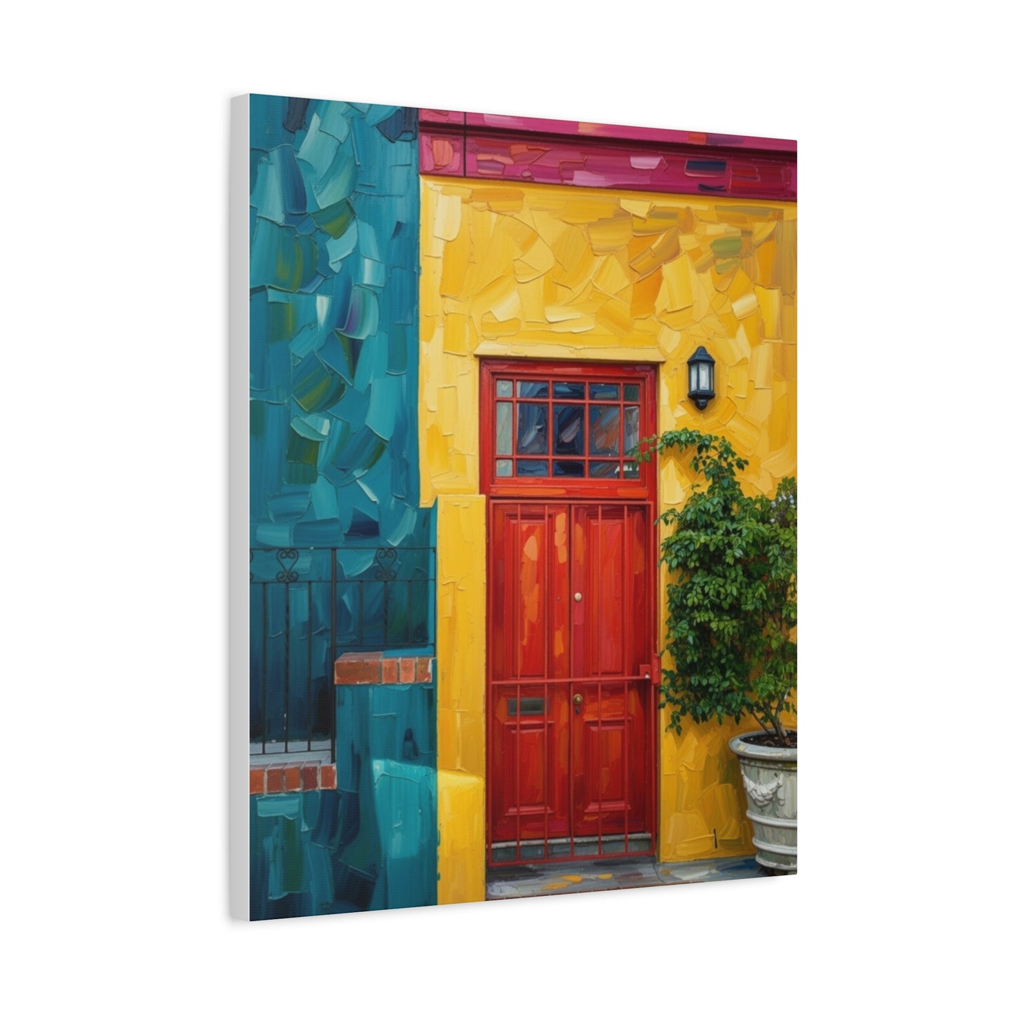 Colorful Doorway Canvas Wall Art — Vibrant Yellow & Teal Street Scene, Matte Stretched Print