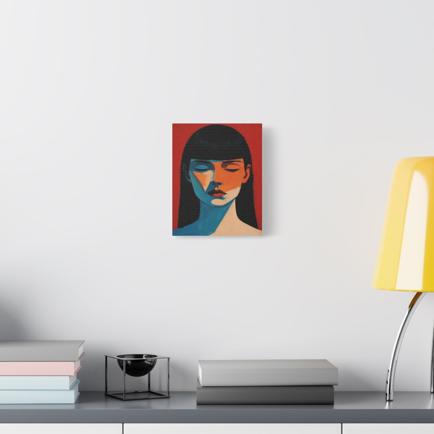 Portrait Canvas Wall Art — Modern Minimalist Woman in Red & Blue