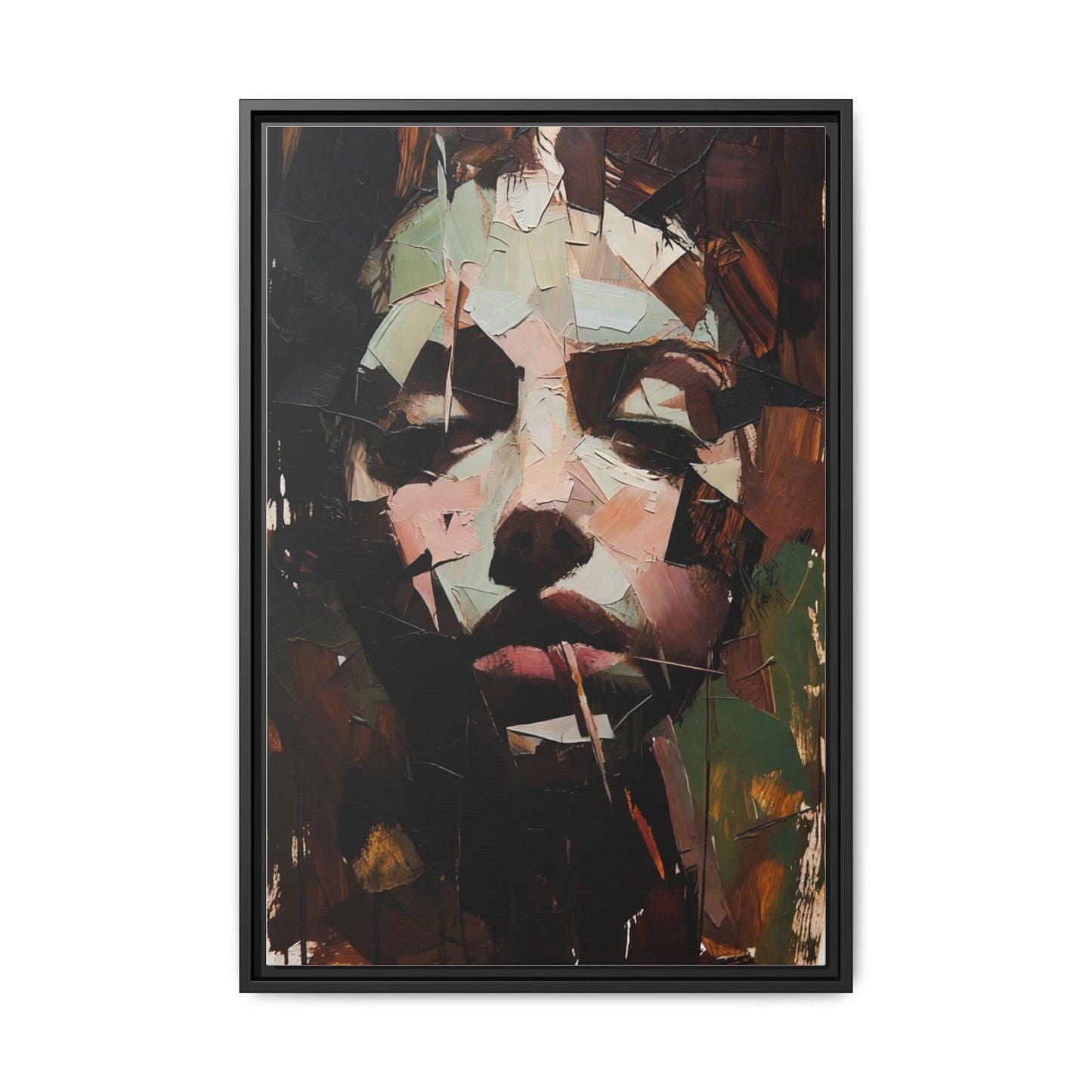 Matte Framed Canvas Art — Abstract Female Portrait, Moody Multicolor